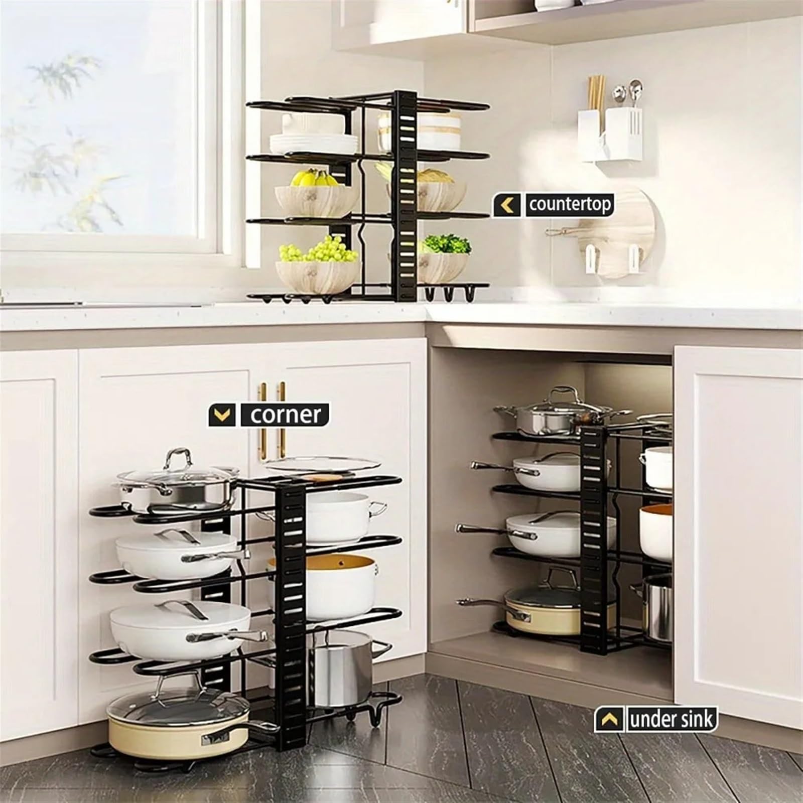 Portapentole Organizer for portapentole da cucina regolabile | Robusto porta pentole e pentole, ripiano in metallo salvaspazio for armadietto(5 Tier)