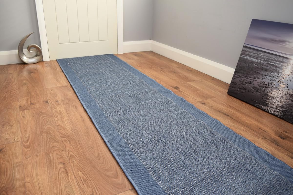 SrS Rugs® Luna Flatweave Collection, Reversible Indoor Outdoor Runner Rug for Hallway, Kitchen, and Entrance. Smooth Soft 2mm Depth Pile. 70cm Wide. Any Length (Flatweave Blue, Length: 25' (762cm)) — image 1