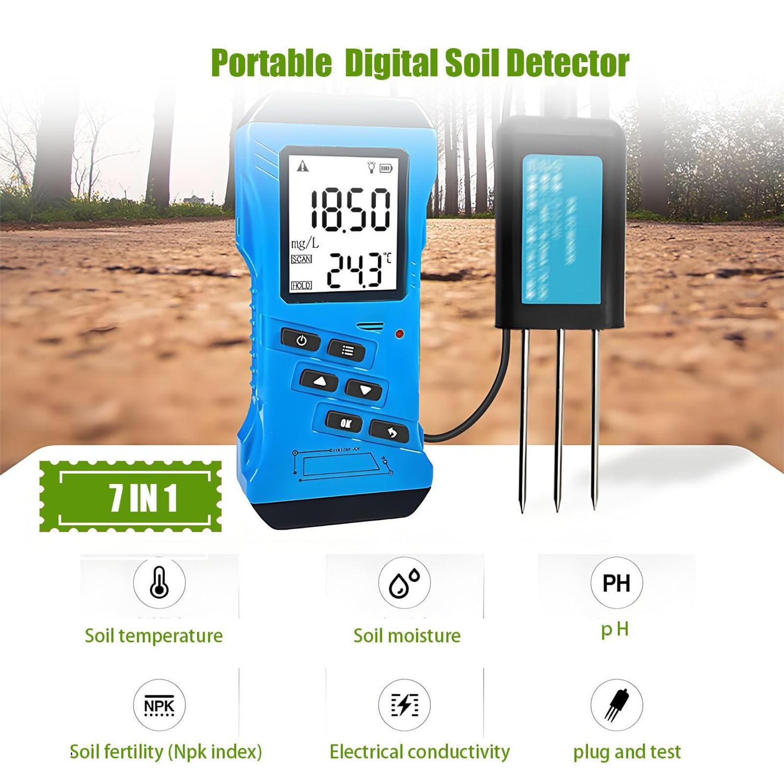 Tester digitale 7 in 1 del suolo con NPK, CE, PH, umidità, temperatura, conducibilità, misuratore portatile per piantagioni agricole