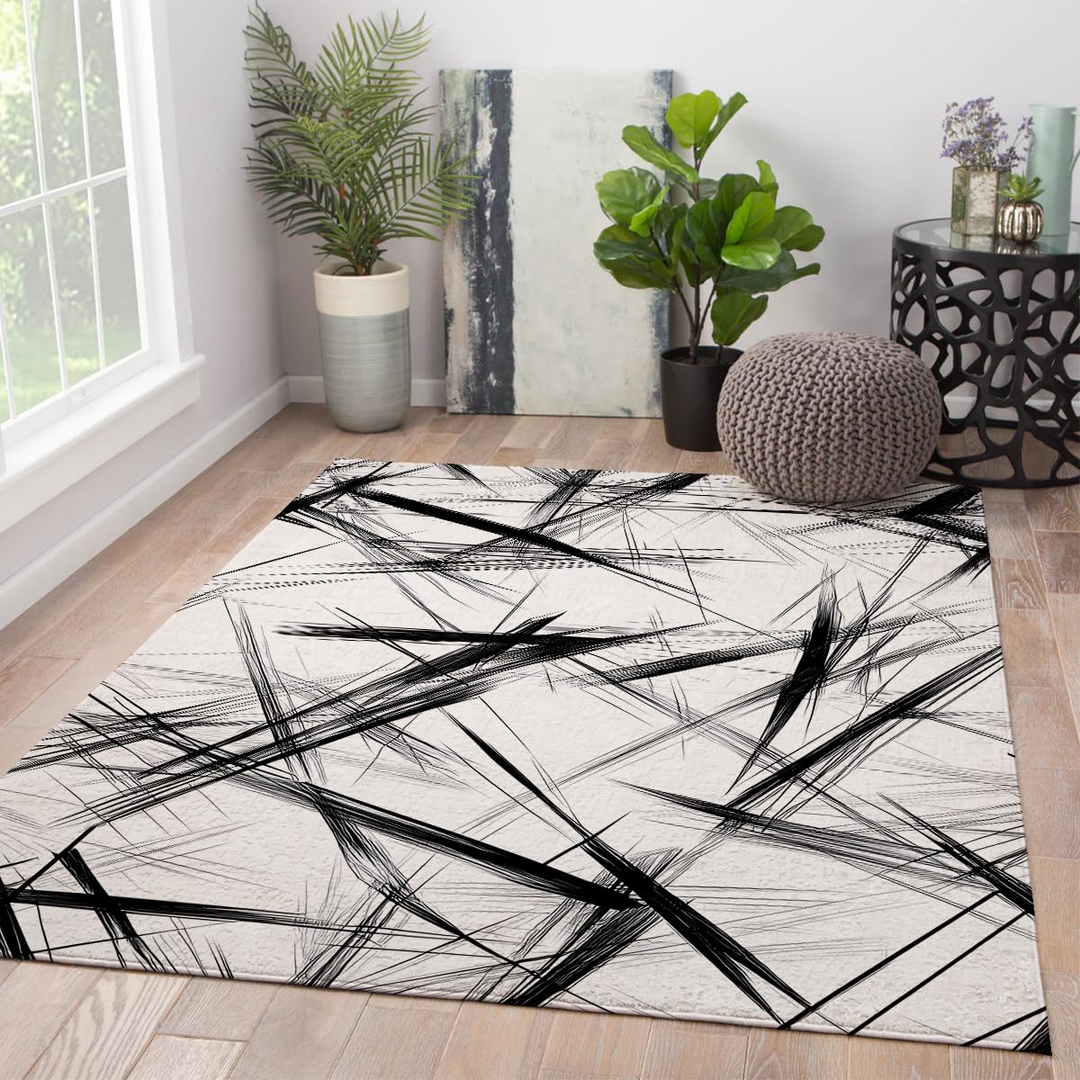 Tapis noir et blanc 150x210 cm Style Sketch à lignes géométriques abstraites