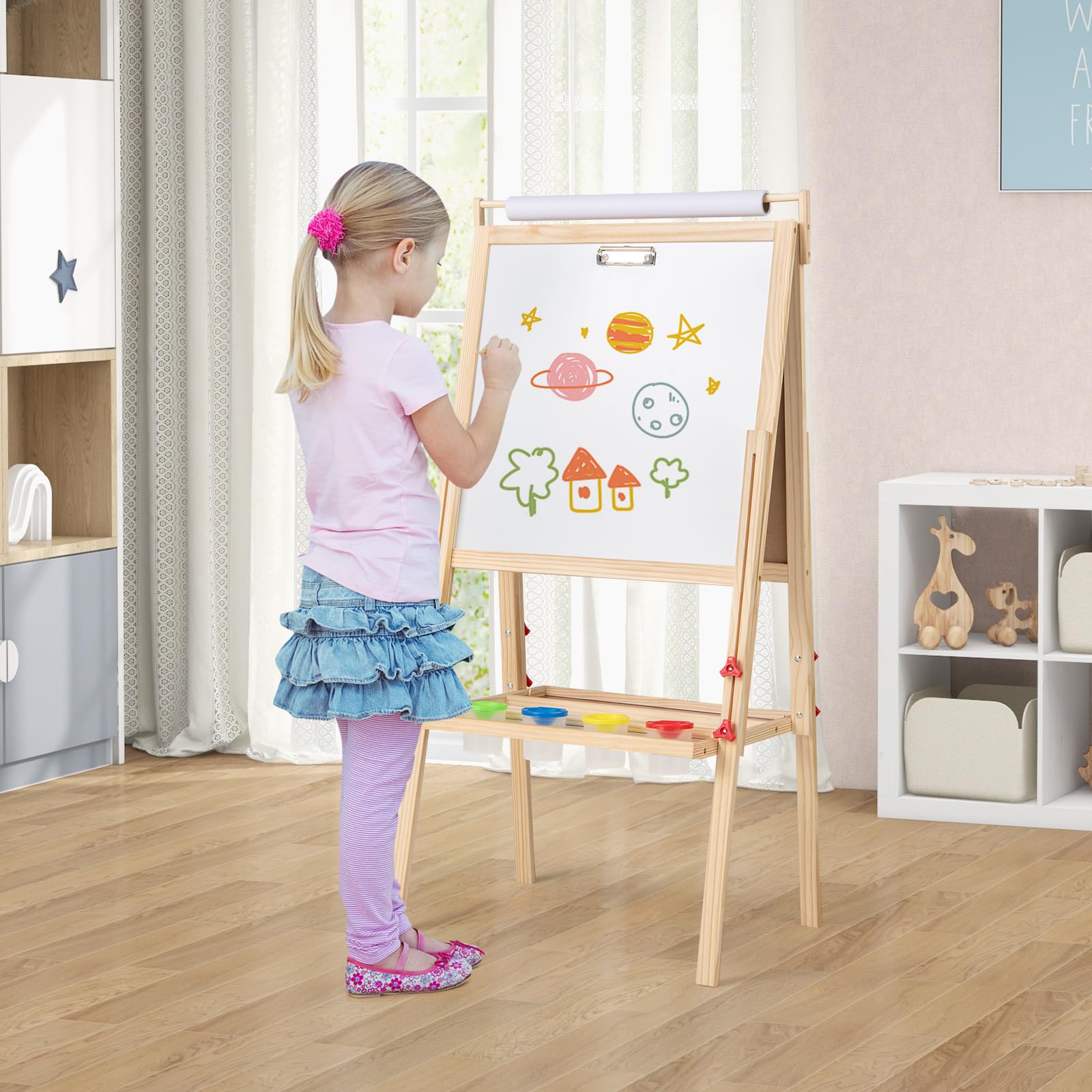 COSTWAY 3 in 1 Cavalletto per Bambini, Cavalletto Doppia Faccia Regolabile con Lavagna Magnetica e Bianca, Rotolo di Carta, 4 Bicchieri per Vernice e Vassoio per Stoccaggio, per Bambini 3-10 Anni