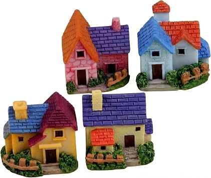 Resin Miniature House 4PCS Miniature House Fairy Gardening Micro Landscape Village Stone House Bonsai Terrarium Crafts Ornaments Accessories Home Decoration C