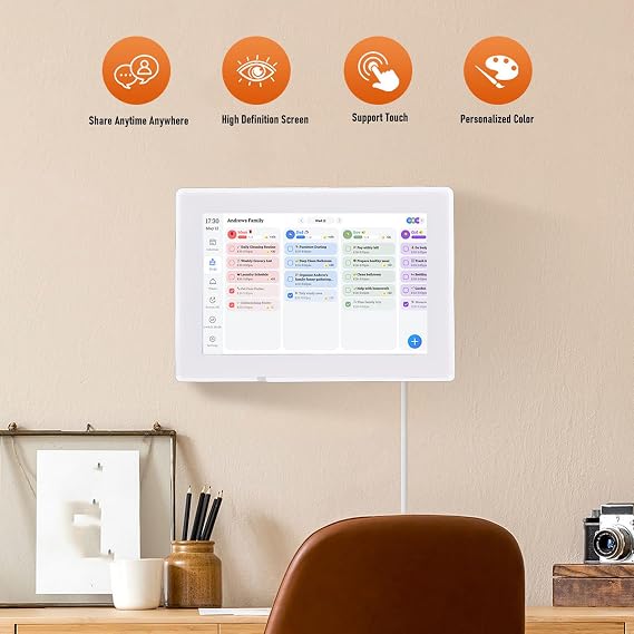 10.1 Inch Digital Calendar Chore Chart, HD Touchscreen WiFi Interactive Display Digital Calendar Planner, Syncs with Online Calendars, Vertical Wall Mount for Women Mom (UK Plug)
