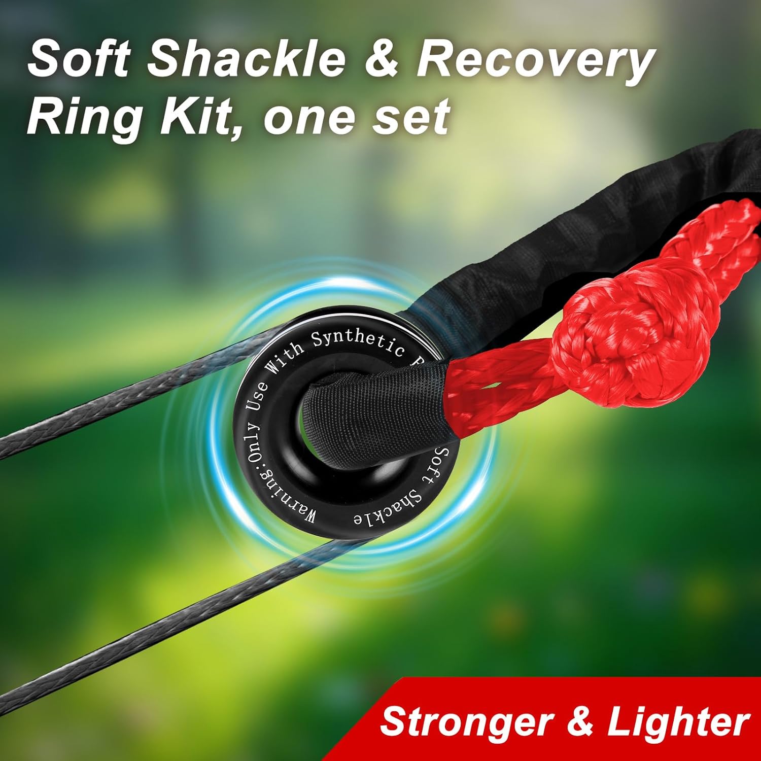 Synthetic Soft Shackle & Winch Recovery Ring Kit, 1/2'' x 22'' Recovery Soft Shackle(56,000Lbs Breaking Strength), Snatch Recovery Ring for ATV UTV Off-Road Vehicles（Shackles+ Black Ring）