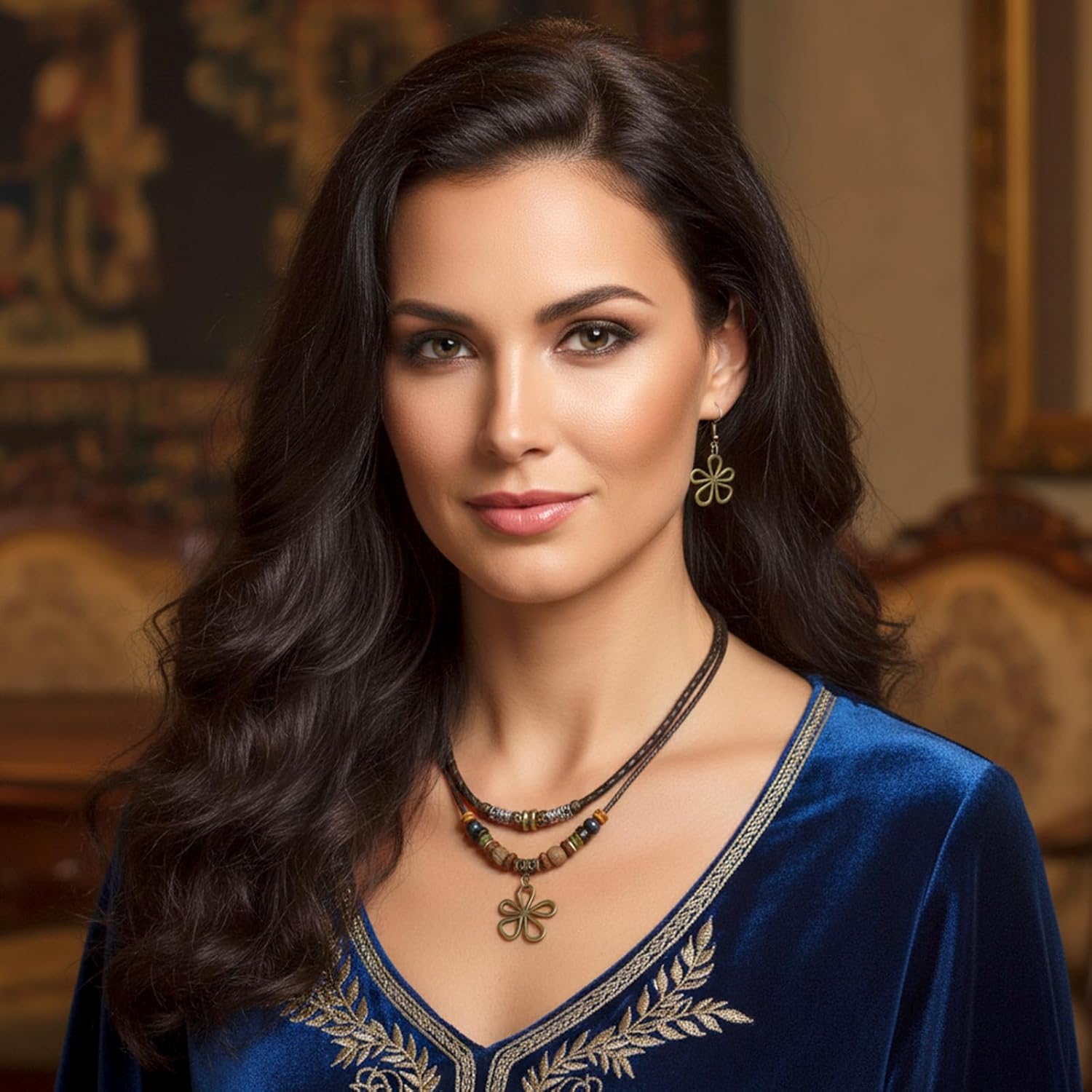 Multi-Layer Wood Bead Necklace with Hollow Flower Earrings, Bohemian Bead Charm Necklace Unisex Personality Hippie Long Jewelry for Men Women - Image 4