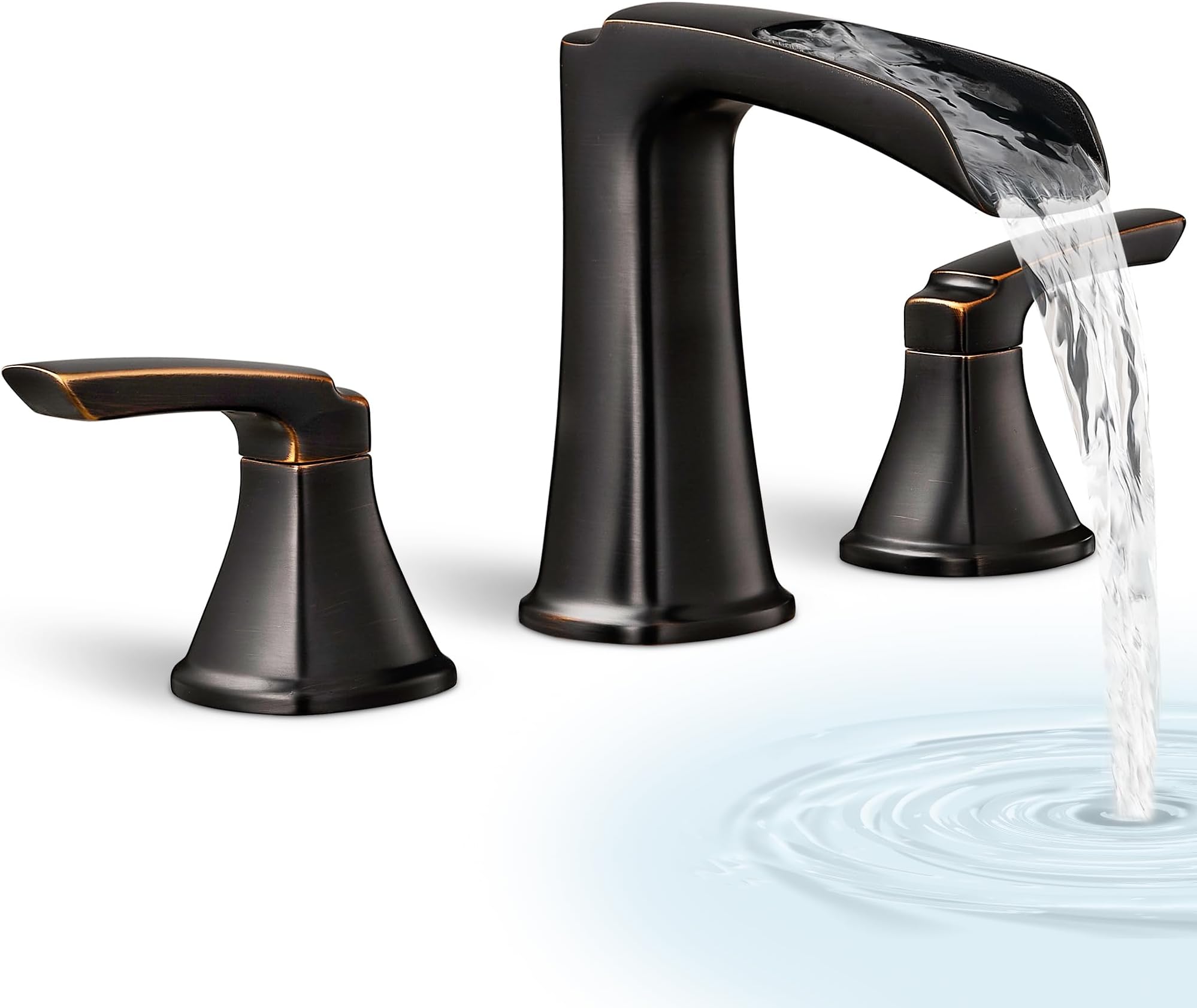 Waterfall Bathtub Faucet Oil Rubbed Bronze, Brass Bath Tub Faucet Set 3 Hole, 8 Inch High Flow Roman Tub Faucet, 2 Handle Deck Mount Bathtub Faucets Widespread with Water Hose for Farmhouse