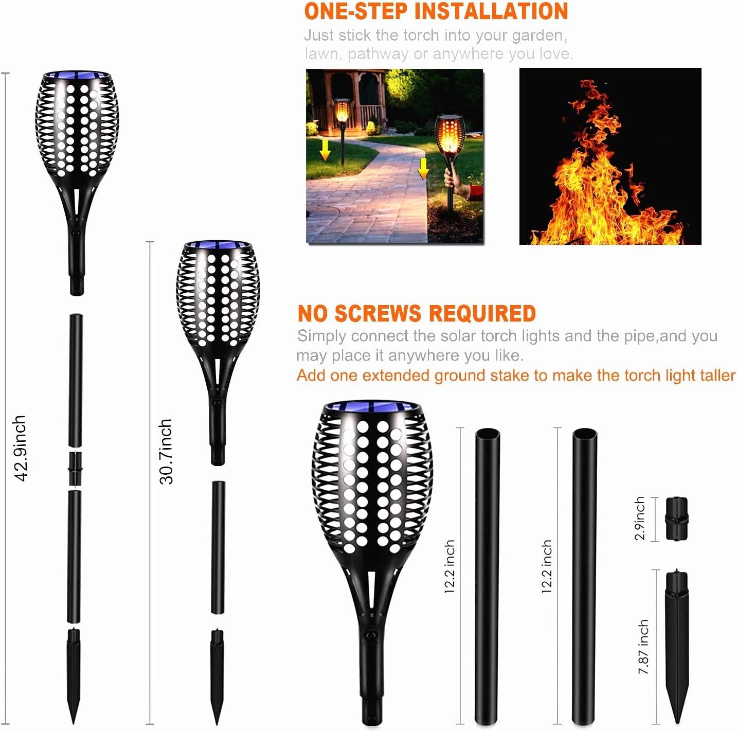 YUJENY Solar Lights Upgraded (8 Pack) 43" Tiki 96 LED Waterproof Flickering Flames Torch Lights Outdoor Solar Spotlights Landscape Decoration Lighting Dusk to Dawn Auto On/Off Security Torch