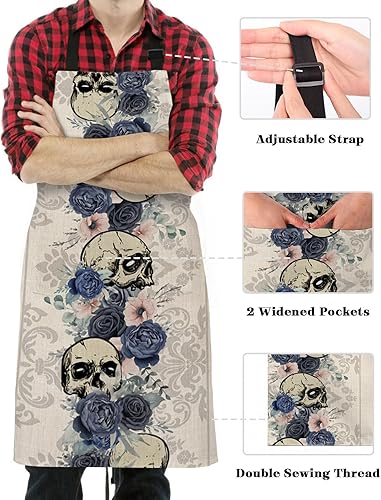 Miniatura 3 de Halloween Bib Aprons with Pockets Waterproof, Adjustable Apron for Men Women Horror Skull Blue Flowers Botanical Black Geometric