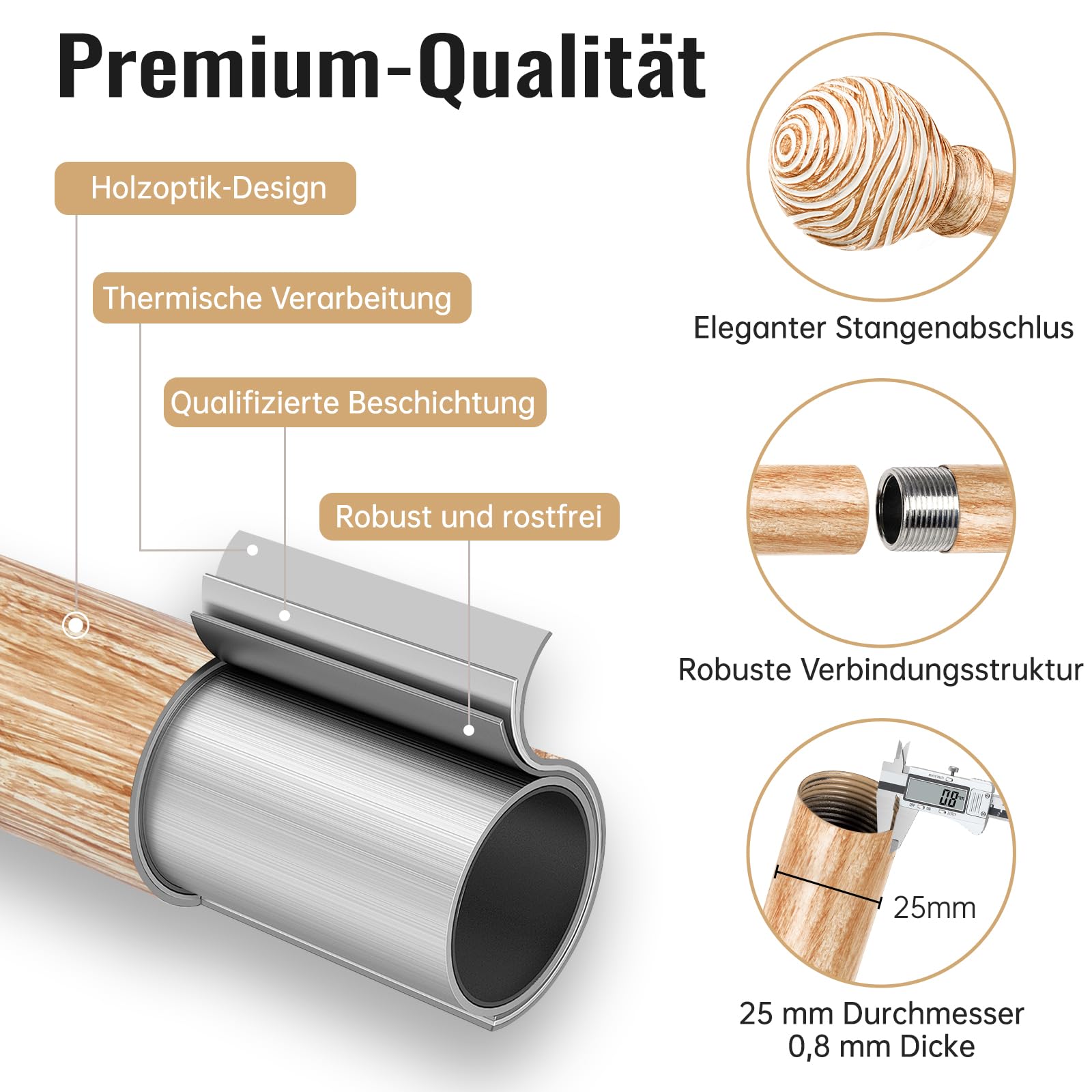Gardinenstange Hellbraun 76–381 cm, Vorhangstange Ø 25 mm | Ausziehbare Vorhangstange, Metall mit Holzoptik, Wand/Deckenmontage
