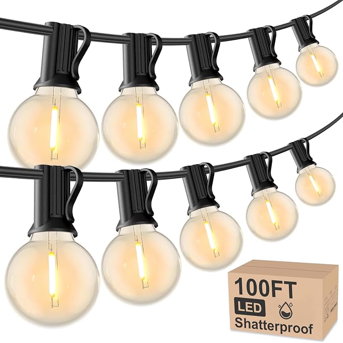 Outdoor String Lights 100 FT Globe LED Patio Lights with G40 Plastic Bulbs,Waterproof Shatterproof Dimmable Connectable Hanging for Backyard Porch Balcony Party Cafe Deck Decor