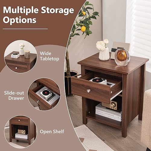 Miniatura 8 de Giantex Juego de 2 mesitas de noche de nogal con cajones de almacenamiento y estante abierto, mesita de noche rústica vintage con 4 patas sólidas,