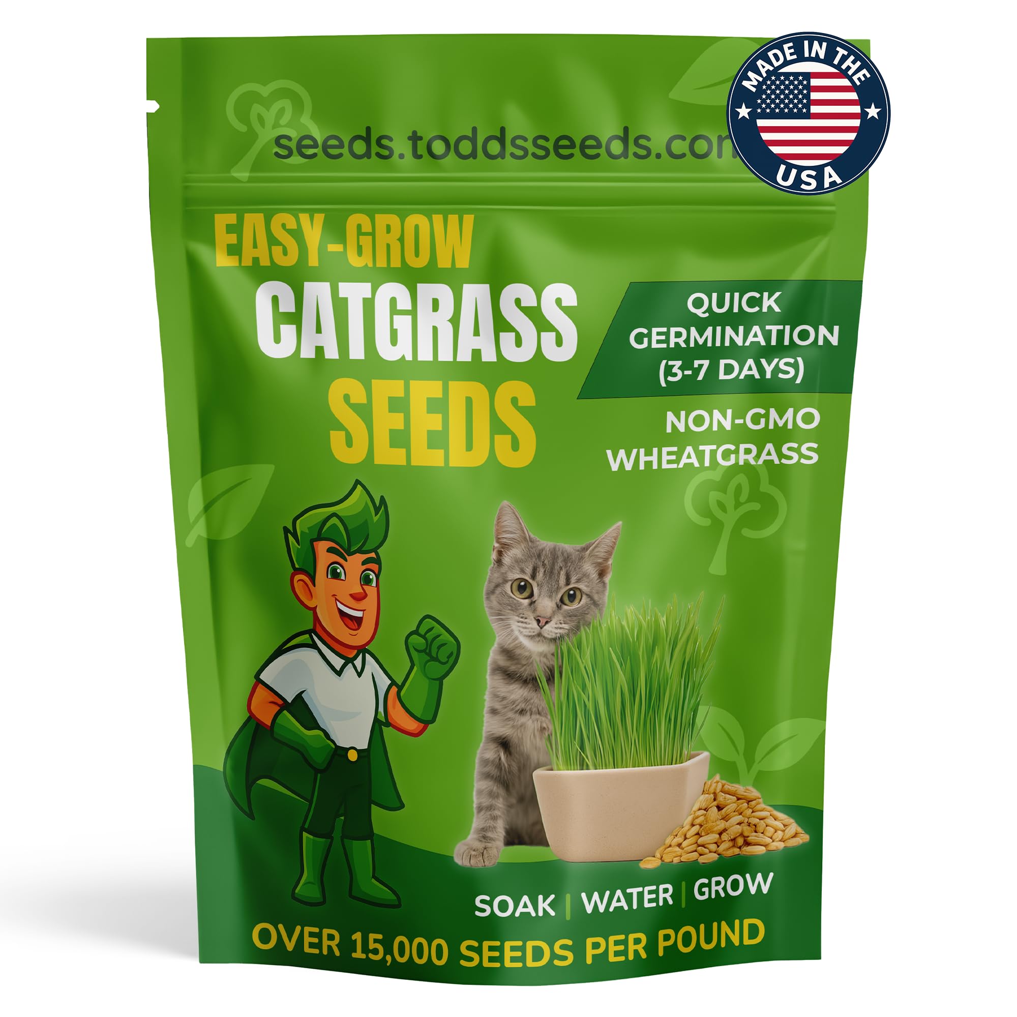 Todd's Seeds – Cat Grass for Indoor or Outdoor Cats, 1lb Wheatgrass – Premium, 100% Chemical Free (Better Than Organic) Non-GMO, Pet-Safe & Easy to Grow in 5-7 Days – No Special Equipment Needed.