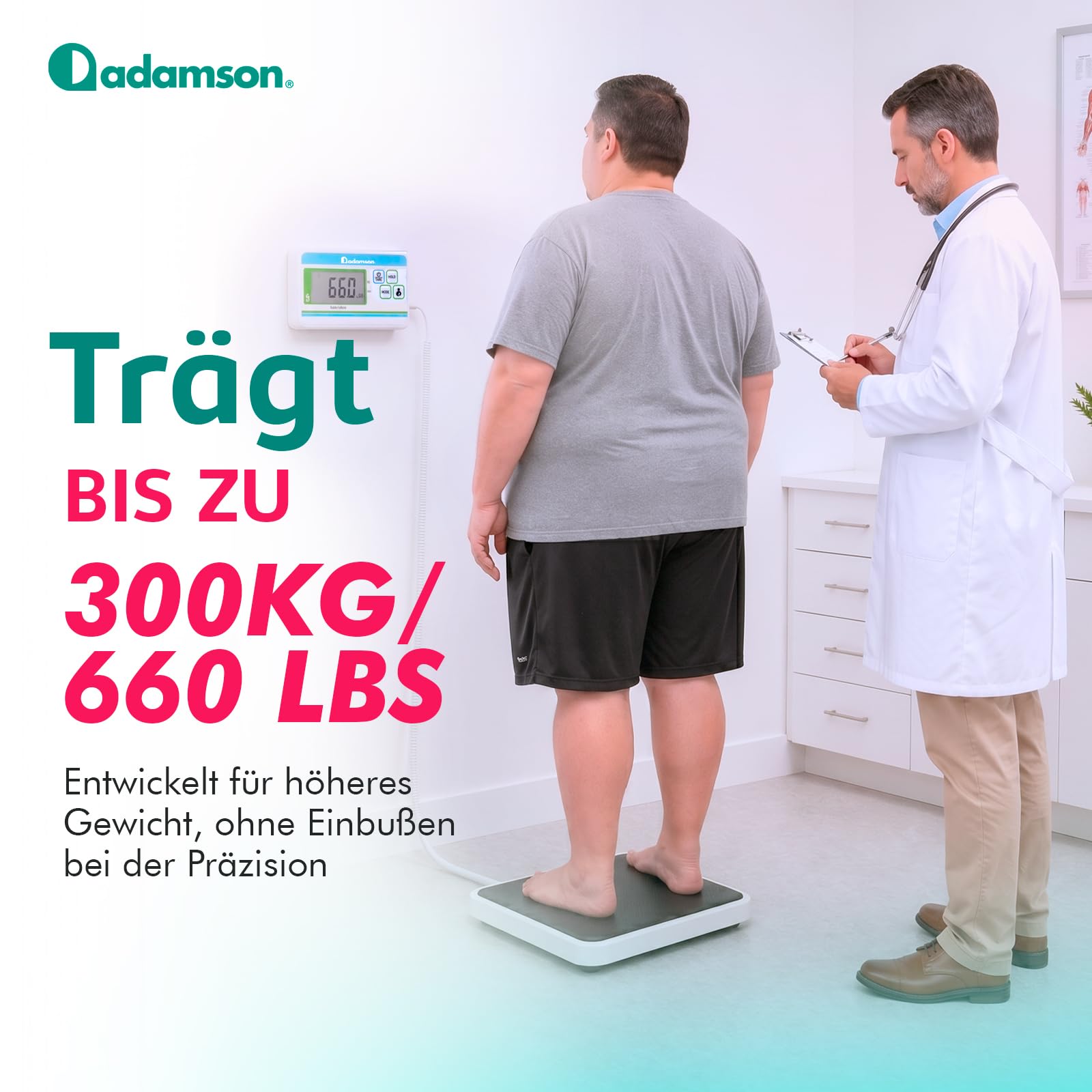 Medizinische Personenwaage Extra Breit 300 kg mit Hoher Präzision | Mit beleuchtetem Display in kg lb und oz, Schwarz