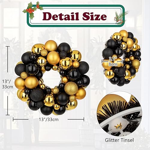 Miniatura 10 de Corona de bola de Navidad de 13 pulgadas, adornos de corona de Navidad con purpurina gruesa, inastillable, decoración para puerta, pared, mantel de