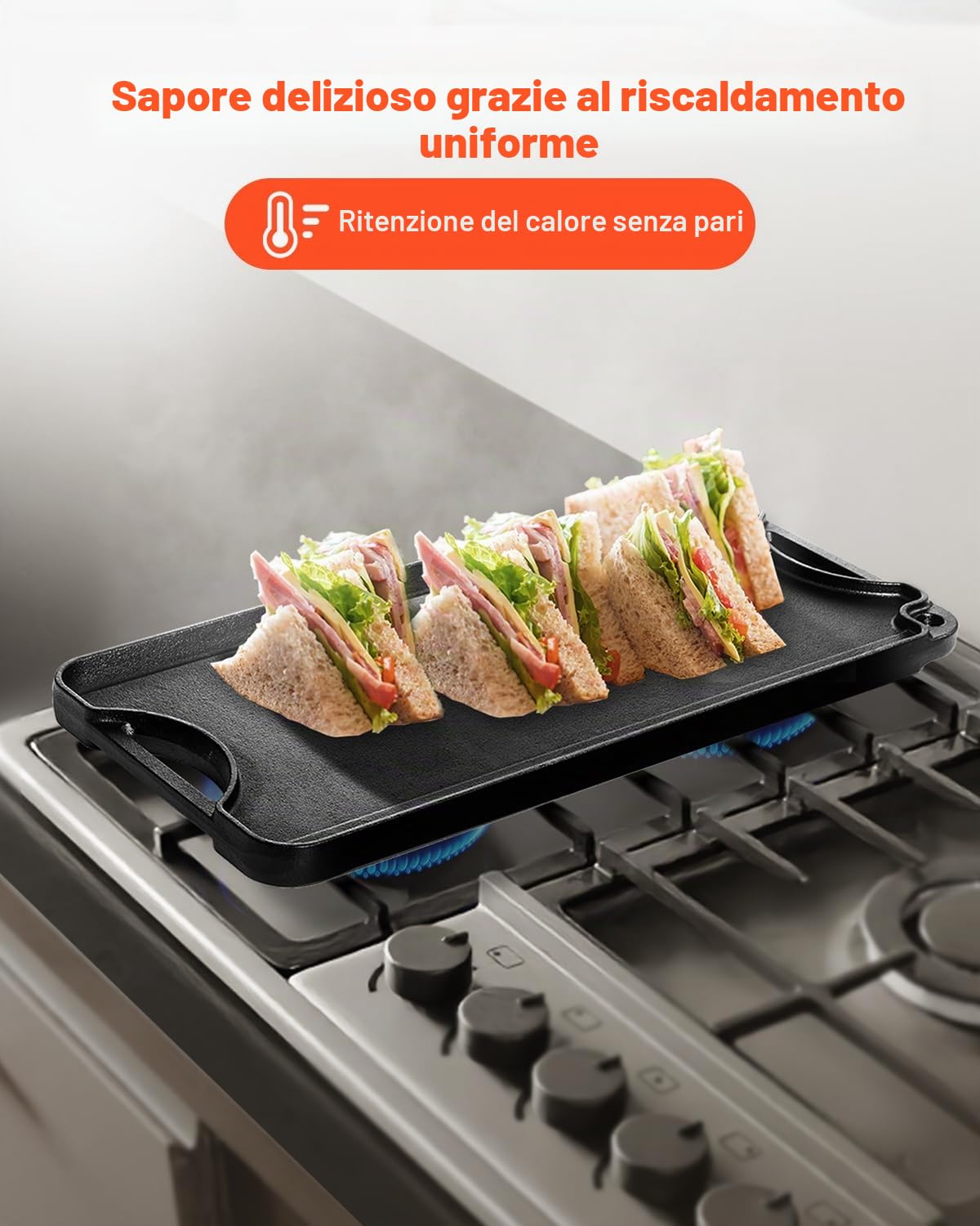 VEVOR Piastra per Cucina in Ghisa Reversibile 492 x 218 mm, Padella Rettangolare Portatile con Manico, Pentolame per Piano Cottura Peso ca. 6 kg Piastra per Cottura Barbecue Materiale in Ghisa