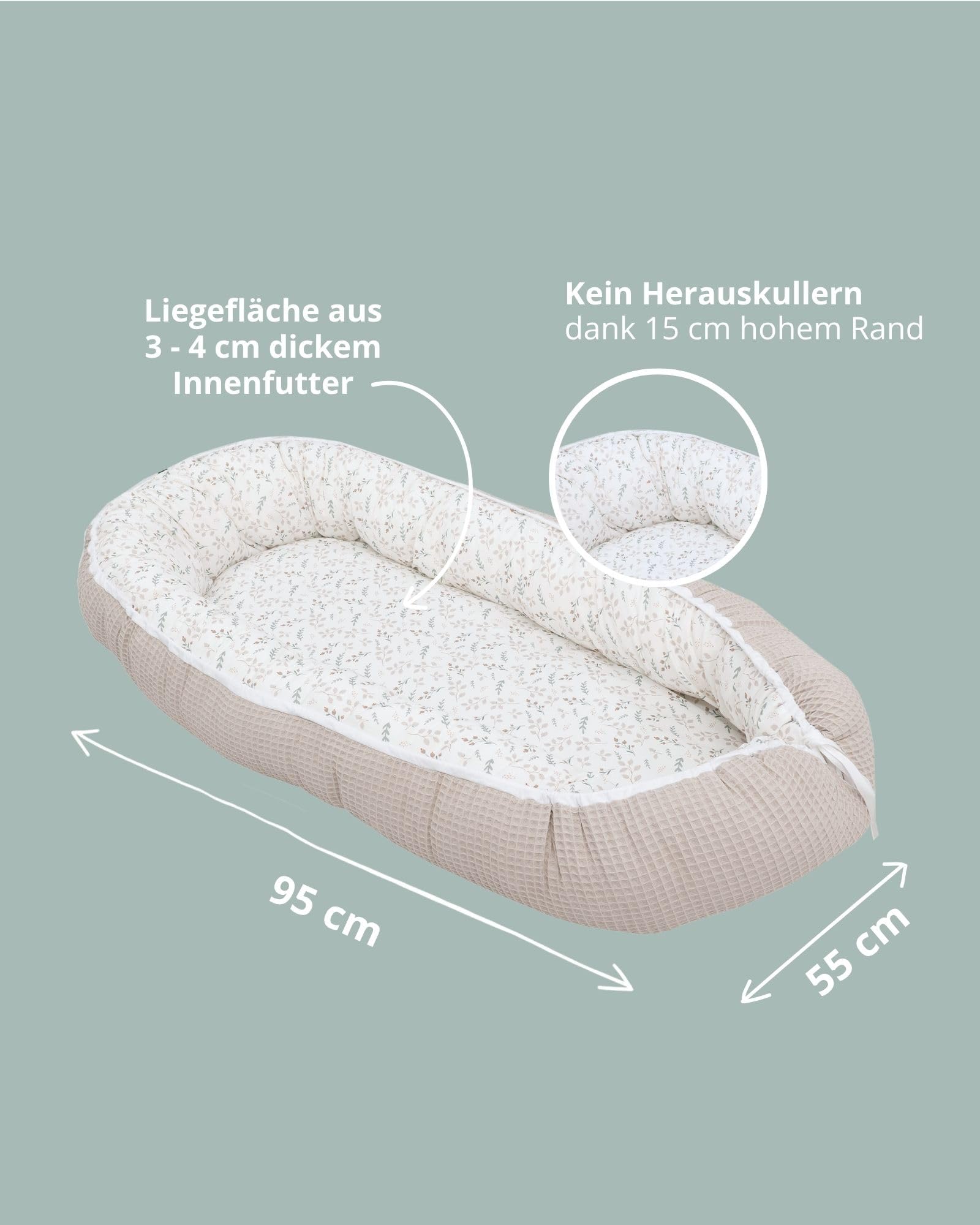 ULLENBOOM Babynest OEKO-TEX Materialien Made in EU Babynestchen Neugeborene Kuschelnest Baby tragbares Reisebett gepolstert waschbar 55x95 cm