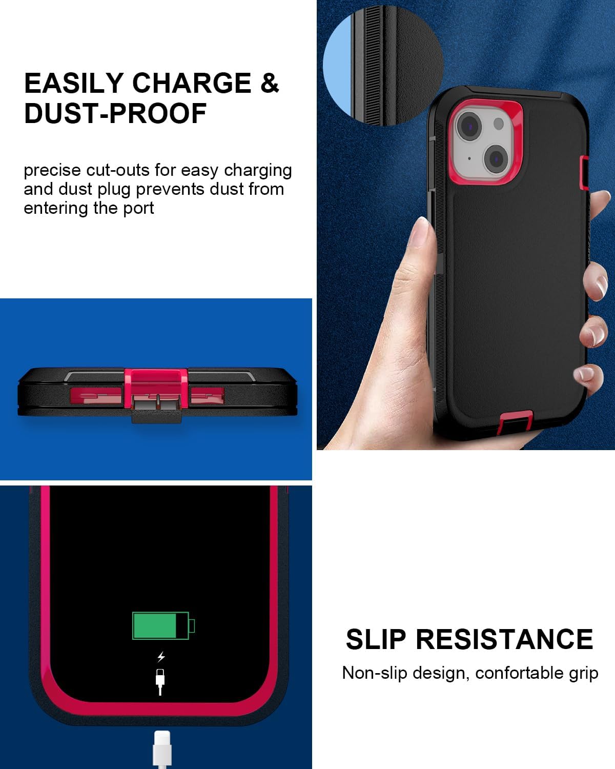 for iPhone 14 Case 6.1" Belt-Clip Kickstand with 2 Screen Protector & 2 Camera Lens Protector, Full Body Protection Heavy Duty Case Cover (Black Rose+Clip)