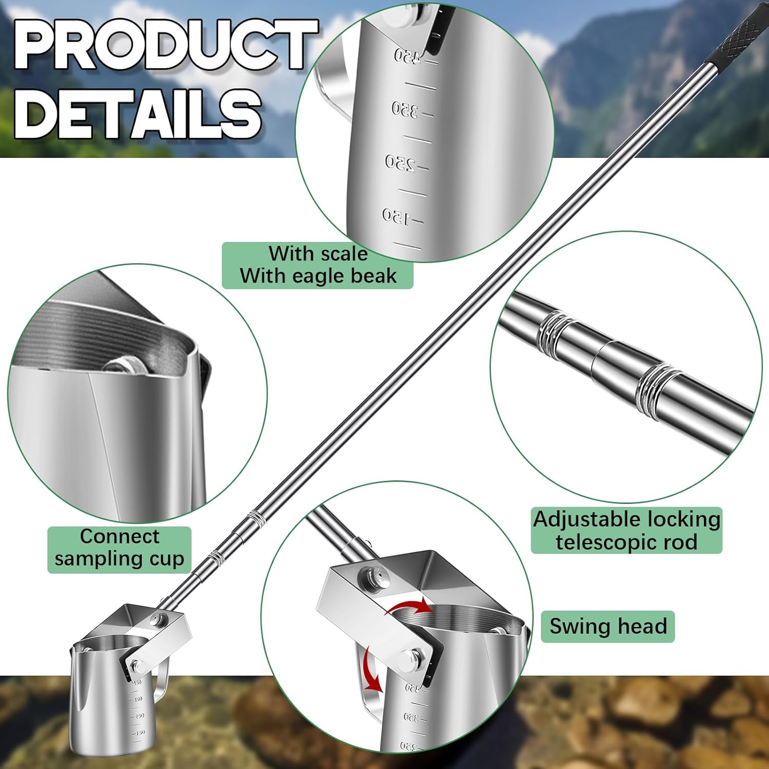 Maxdot 1 Pcs 3.6ft- 9.8 ft Telescopic Water Sampler Dipper, Pendulum Beaker Sample Ladle with Water Sampling, Pole Sampler Rod(550 ml, Stainless Steel)