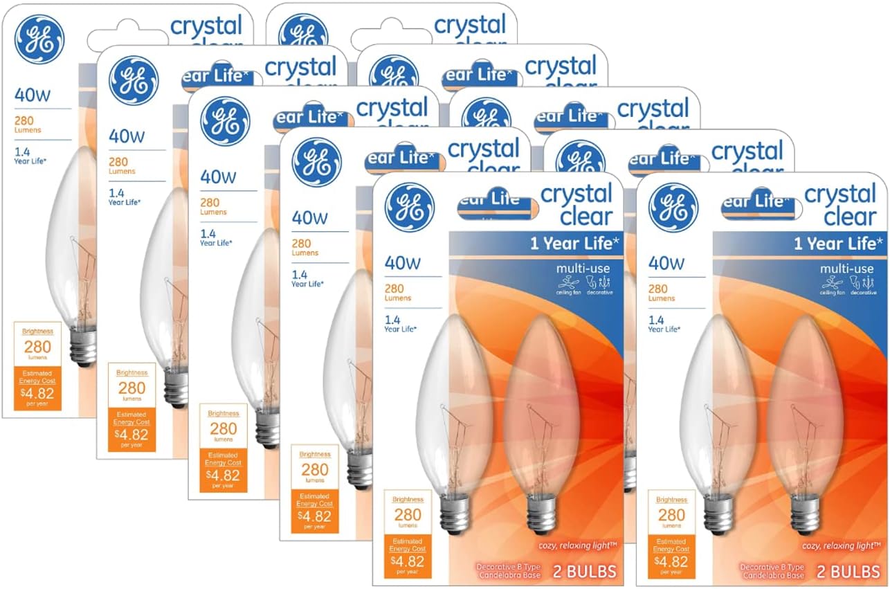 GE Crystal Clear Blunt Tip Decorative Light Bulbs (40 Watt), 280 Lumen, Candelabra Light Bulb Base, 2-Pack Chandelier Light Bulbs image 4
