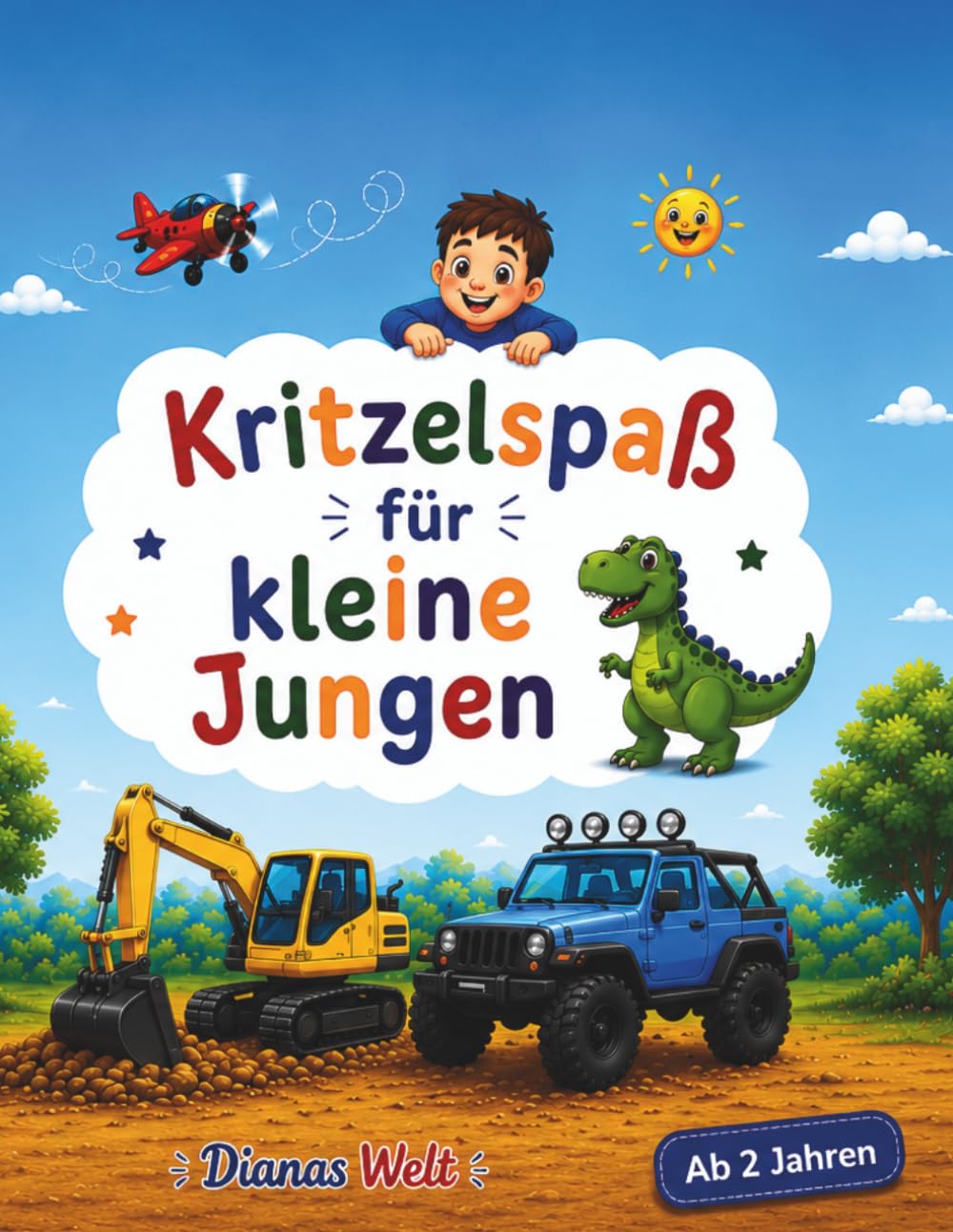 Kritzelspaß für kleine Jungen: Ausmalbuch ab 2 Jahren mit Fahrzeugen, Tieren, Dinosauriern & einfachen Motiven.
