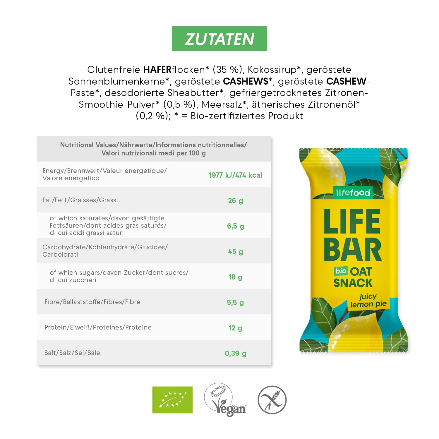 Lifebar Haferriegel, Hafer Riegel, Haferflocken Riegel, Hafer Snack Vegan Bio Glutenfrei by Lifefood (Zitrone)