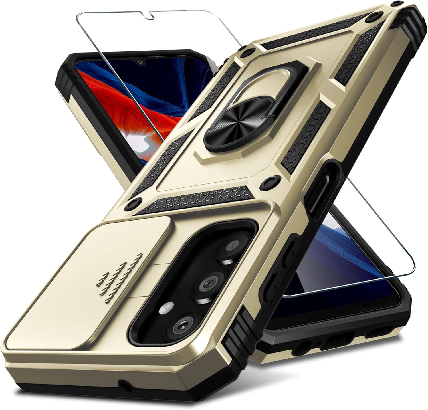 Janmitta Compatible with Galaxy A25 5G Case Built in Slide Camera Lens Cover+Screen Protector+Finger Ring Holder Kickstand,Heavy Duty Shockproof Full Body Phone Cover,2024 Gold Samsung Galaxy A25 Gold