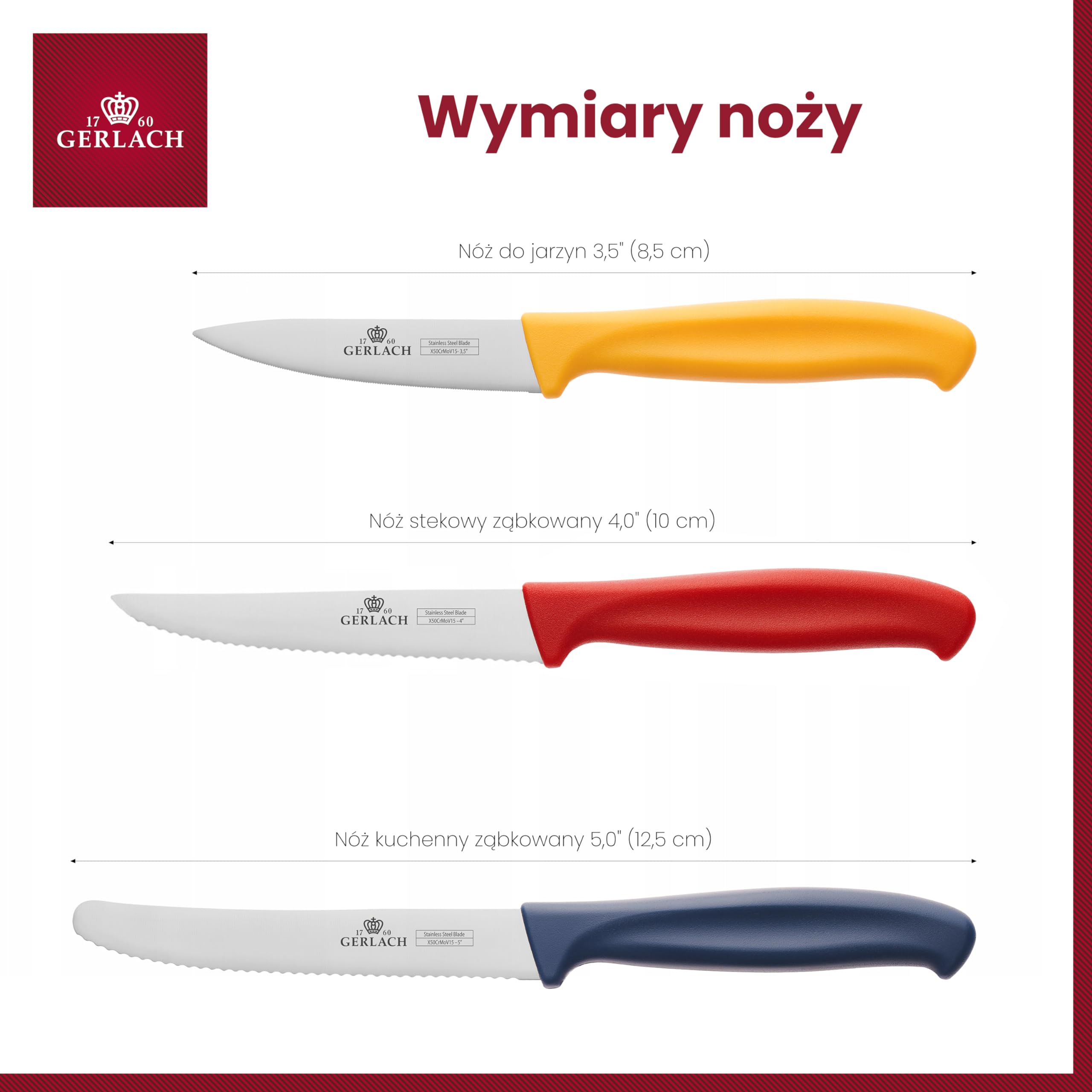 Gerlach Smart Color Zestaw Noży Kuchennych Komplet 3 Noży ze Stali Nierdzewnej Do Jarzyn Steków