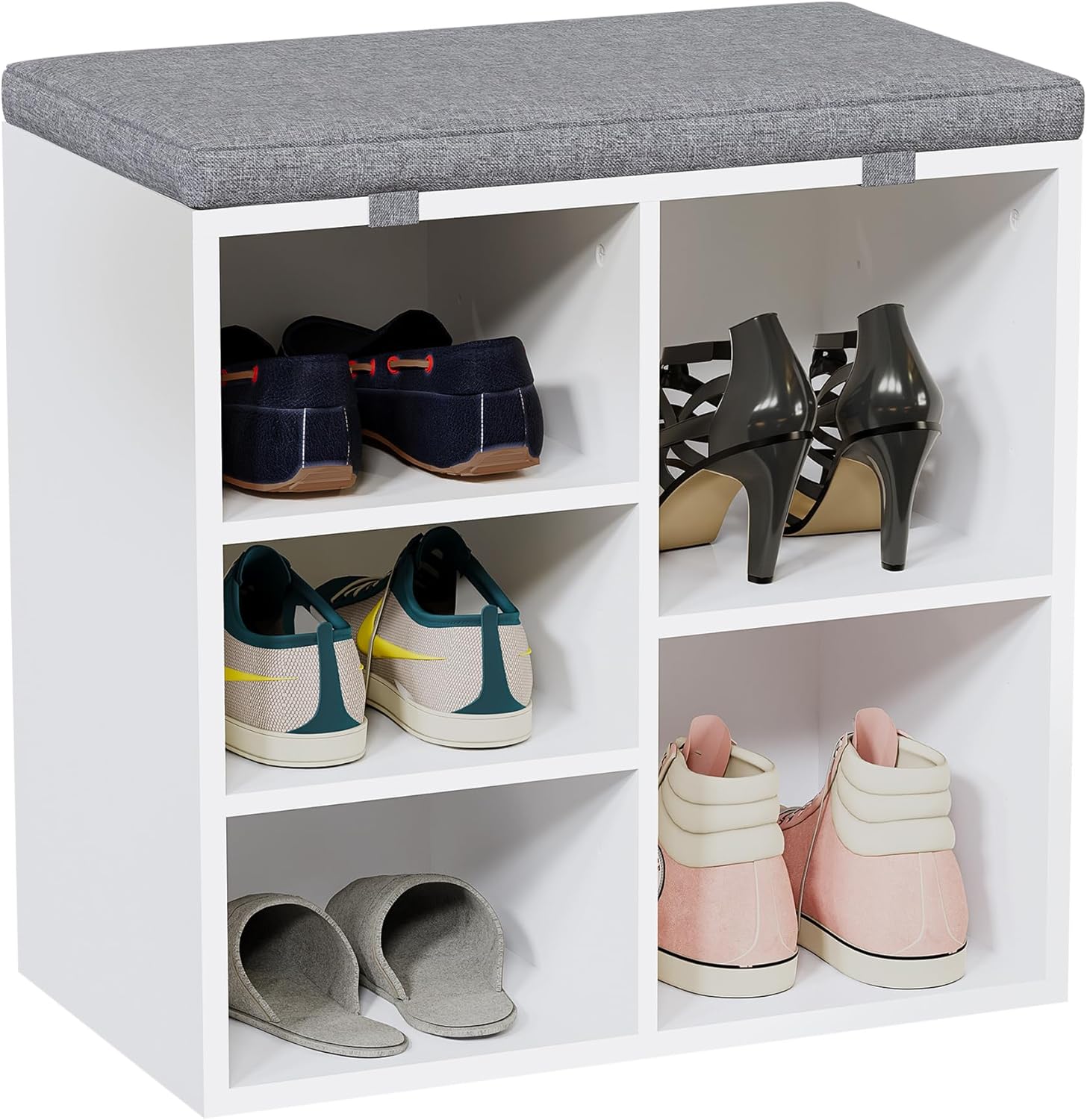 GAOMON Shoe Storage Bench, 5 Cubbies Storage Rack Bench with Cushion, Entryway Bench with 3-Tier Adjustable Shelves for Entryway, Living Room, Hallway, Bedroom (White, 20 inch)