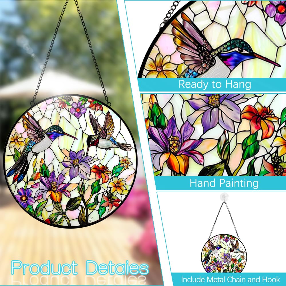 Kolibri-Sonnenfänger, Buntglas-Fensteraufhängung, Wildblumen- und Vogel-Sonnenfänger für Fenster, Buntglas-Sonnenfänger – Sonnenfänger für den Innenbereich, Wandkunst, Heimdekoration, Geschenk für