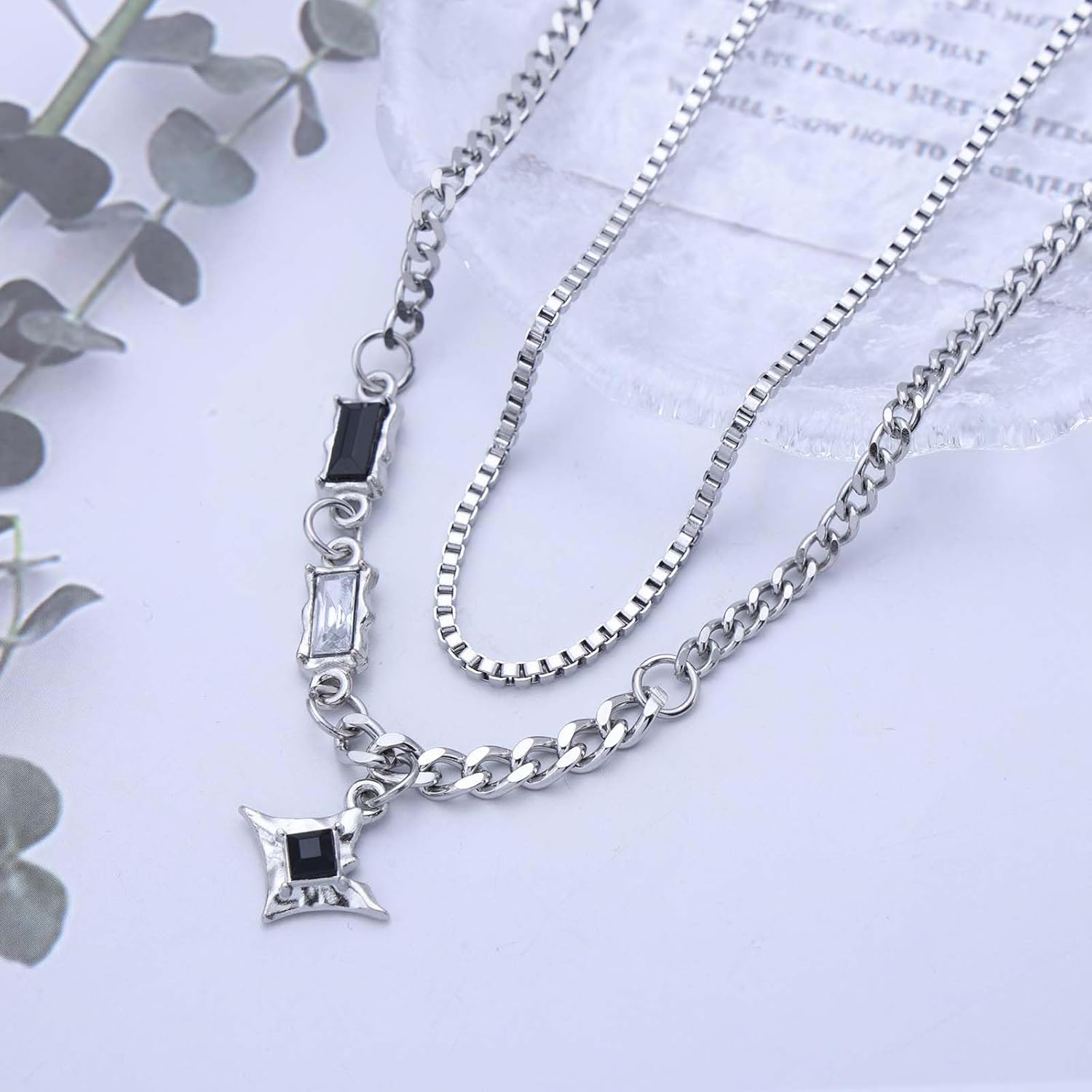 Boho Layered Star Pendant Necklace Silver Geometric Star Necklace Vintage Onyx Star Choker Necklace Adjustable Black Gemstone Star Chain Necklace Jewelry for Women - Image 4