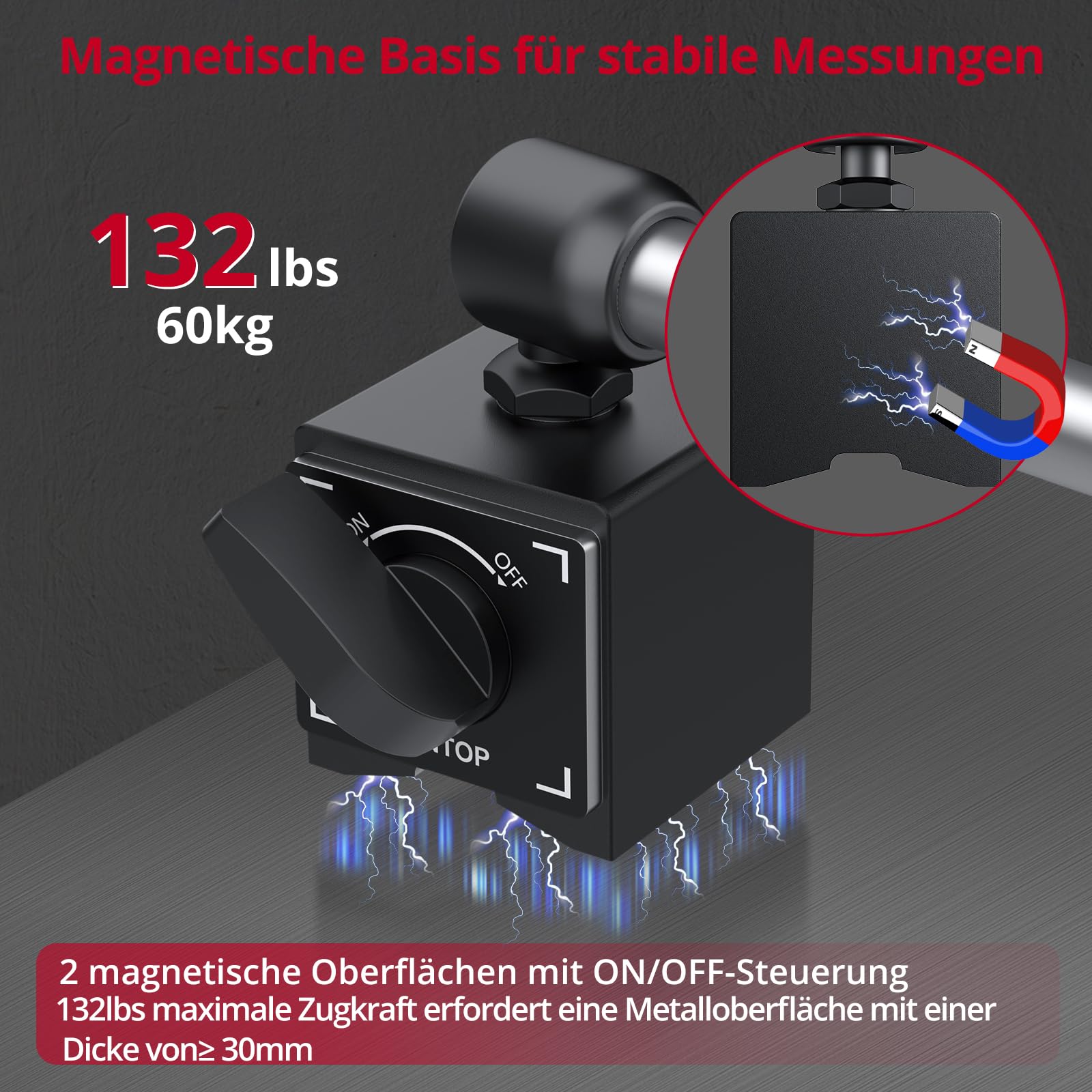 XUNTOP Digitale Messuhr mit Magnetfuß Präzisionsmessung 0,01 mm,132lbs/60kg Auto-Nullfunktion, 0-25,4 mm Messbereich, Ideal für Werkstatt, Maschinenbau und Automobilgebrauch