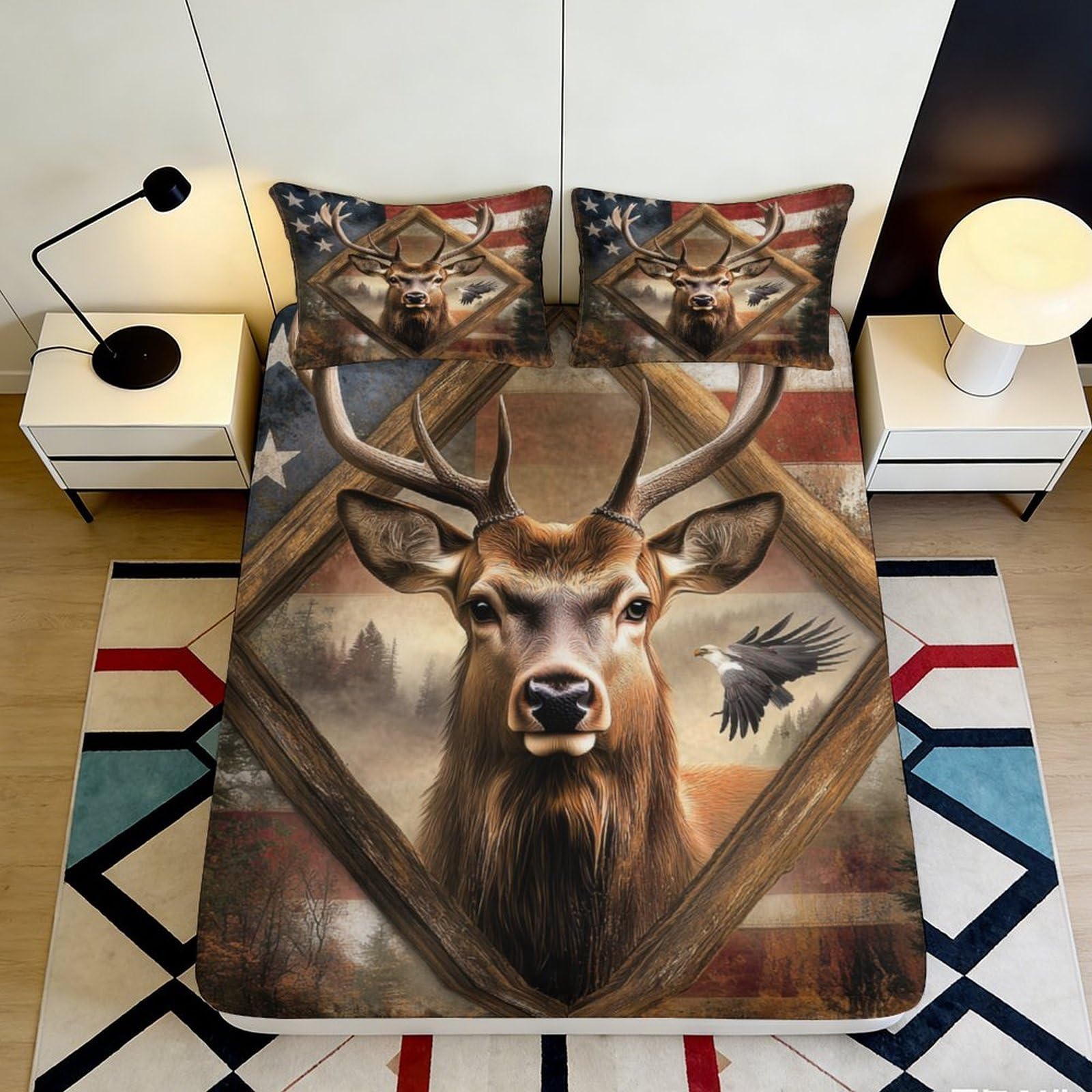 3D Printed Deer Forest Fitted Sheet Microfiber Soft Breathable Eagle Pattern Bed Cover for Bedroom Guestroom 90x200x25cm