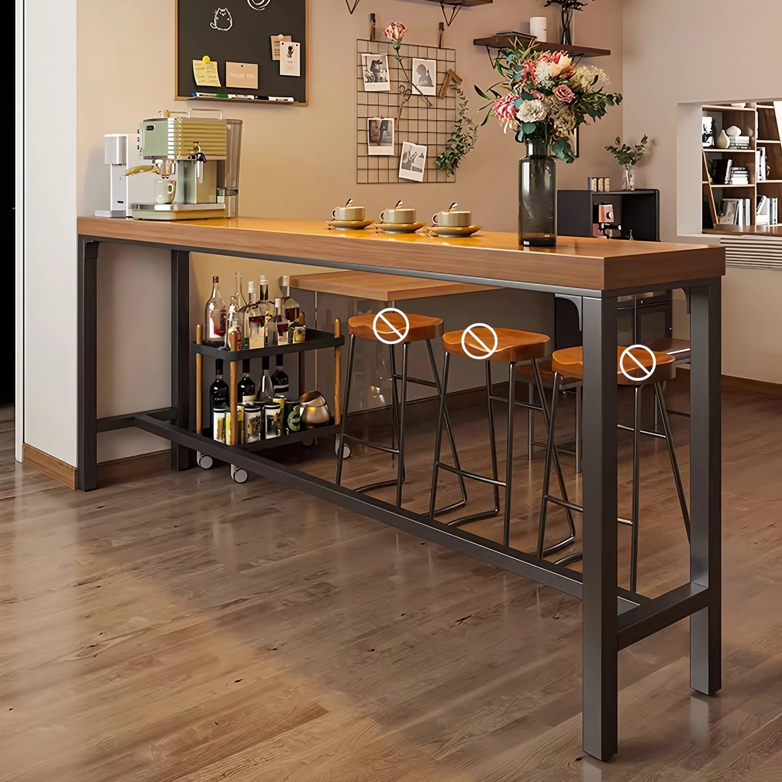 Table de bar industrielle 140x40x75cm en acier et bois pour cuisine