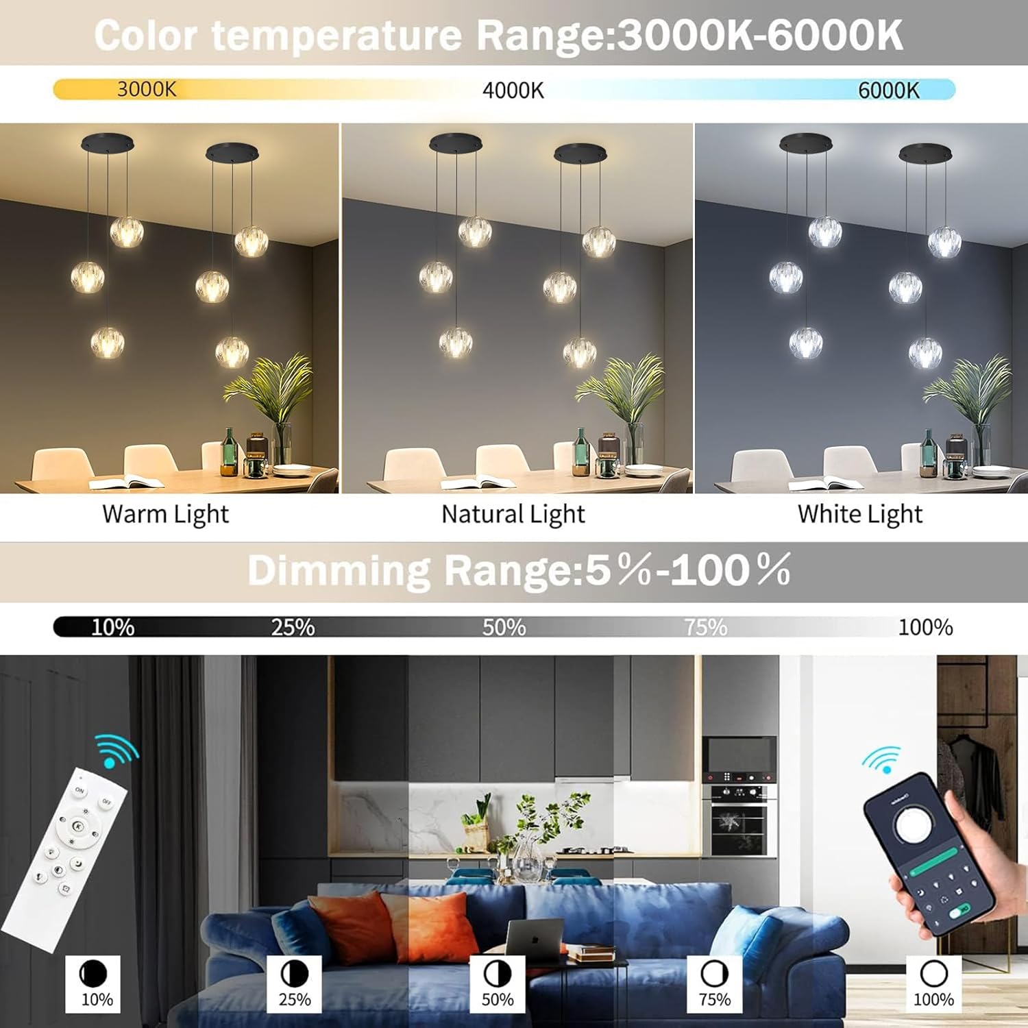 3 Light Globe Glass Pendant Light Modern LED Dimmable Chandelier Adjustable Height Pendant Lights Fixtures for Kitchen Island Living Room Foyer Black