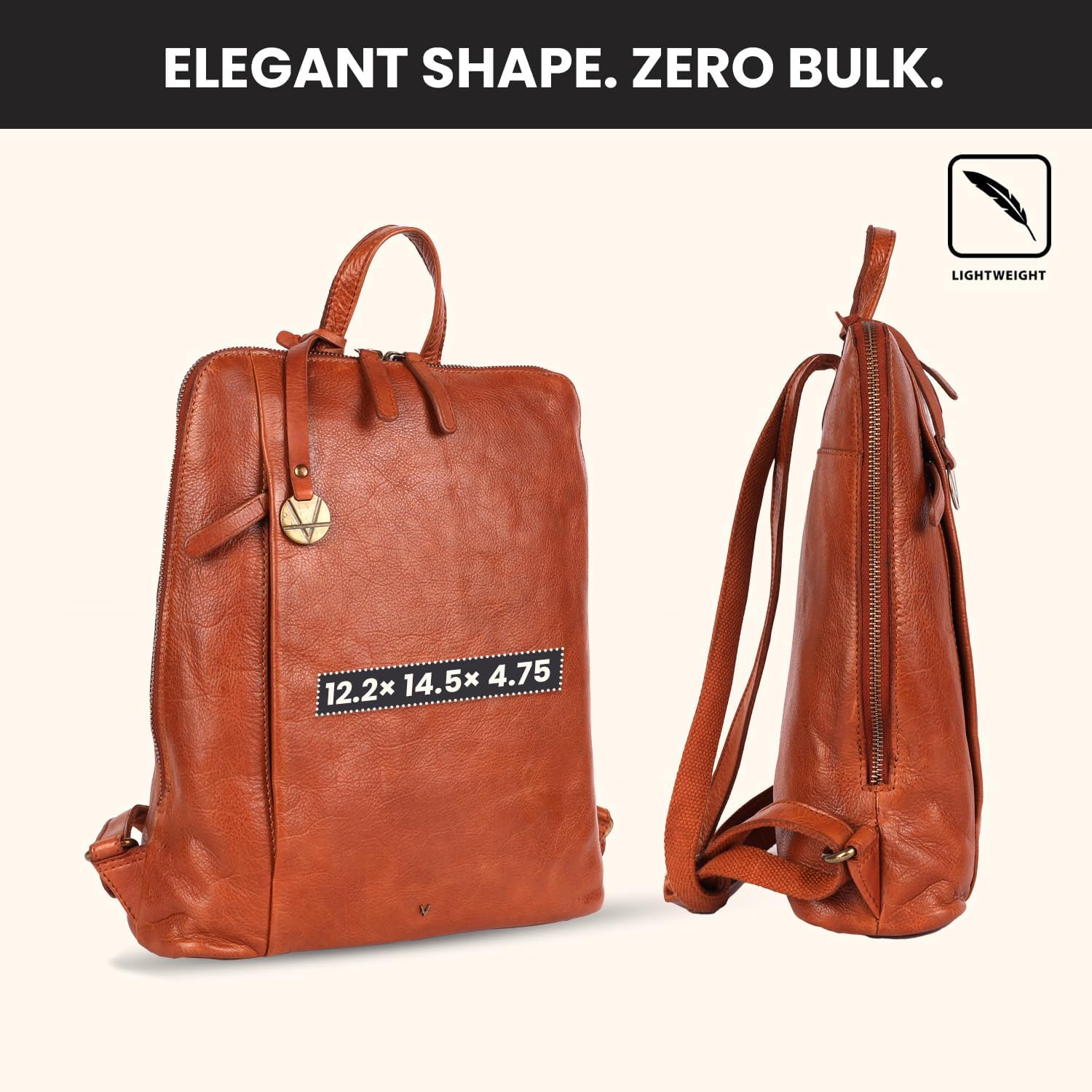 14.5 Inch Genuine Leather Backpack for Women and Men, Cognac Leather Backpack with Adjustable Shoulder Strap - Image 2