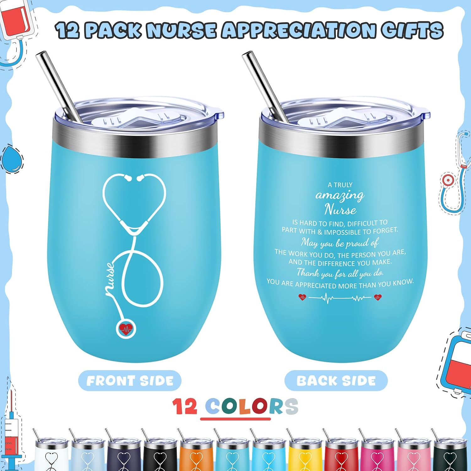 Skylety Nurse Week Gifts for Women Nursing Appreciation 12 oz Stainless Steel Wine Tumbler with Lid Insulated Coffee Mug Thank You Gift for CNA RN Students Graduation School(12 Colors,12 Pack)
