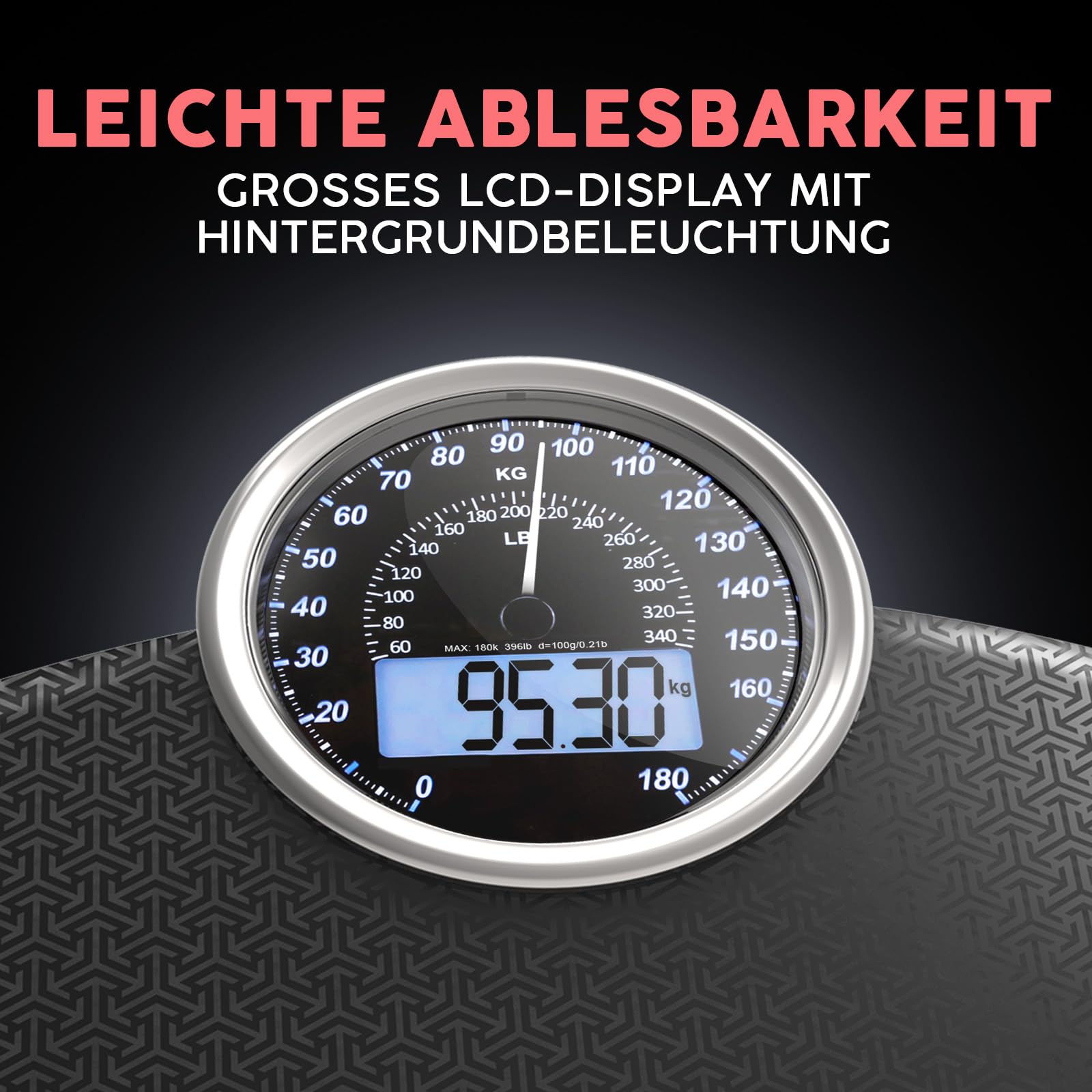 Hybrid Personenwaage - Analog & Digital, Präzise bis 180 kg | Gewicht auf Analogzifferblatt und LCD ablesen. Breite Glasplattform, 3 AAA Batterien inklusive, sofort einsatzbereit.