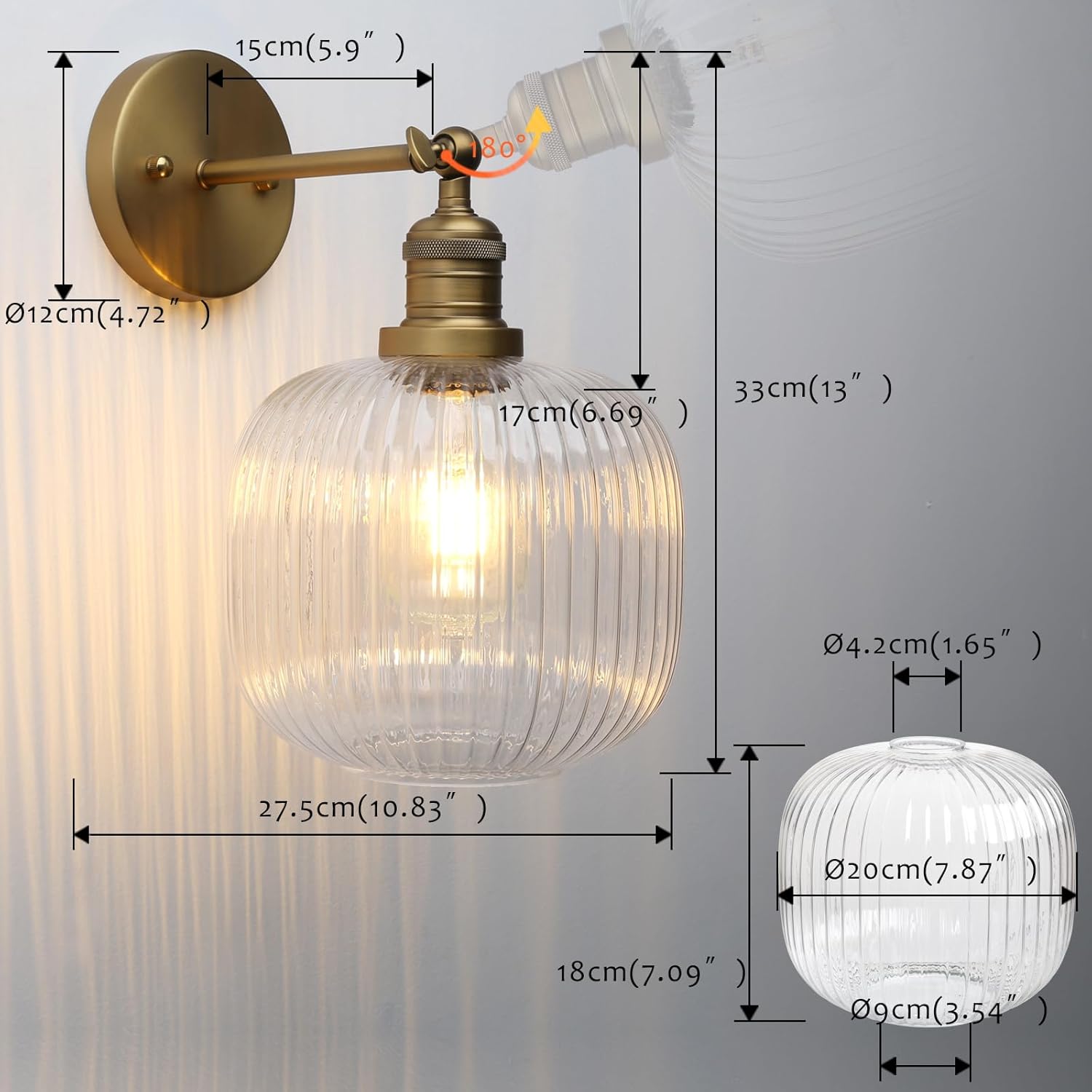 Pathson Modern Wall Sconce Lamp Clear Striped Round Glass, Hardwired Vintage Wall Vanity Light Fixture for Farmhouse Living Room Bedroom Bathroom Loft