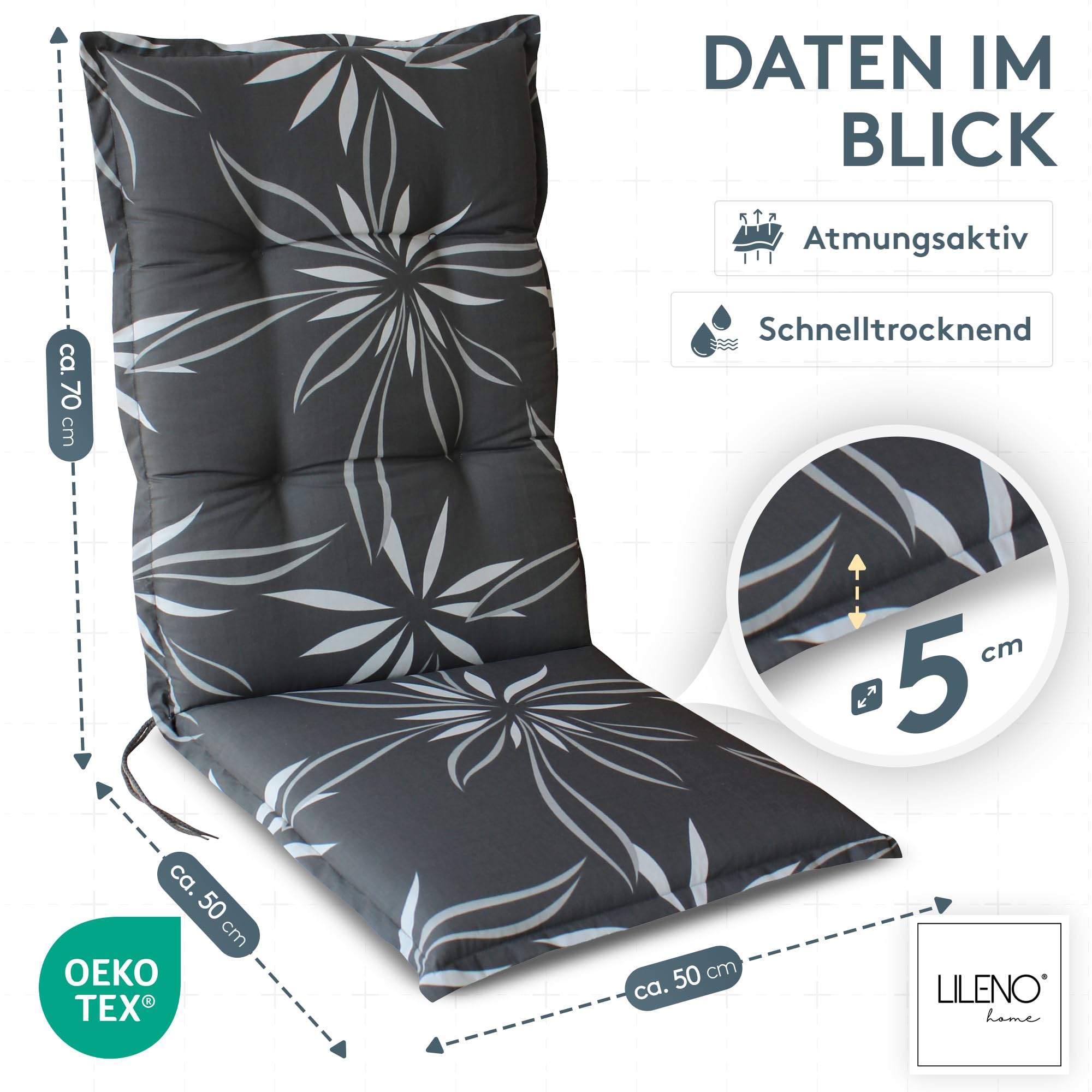 LILENO HOME Gartenstuhl Auflagen als [2er Set - Hochlehner] in Blume Anthrazit-Weiß - Bequeme Liegen als Sitzauflagen für Gartenmöbel - Stuhlkissen für Gartenstühle und Klappstühle