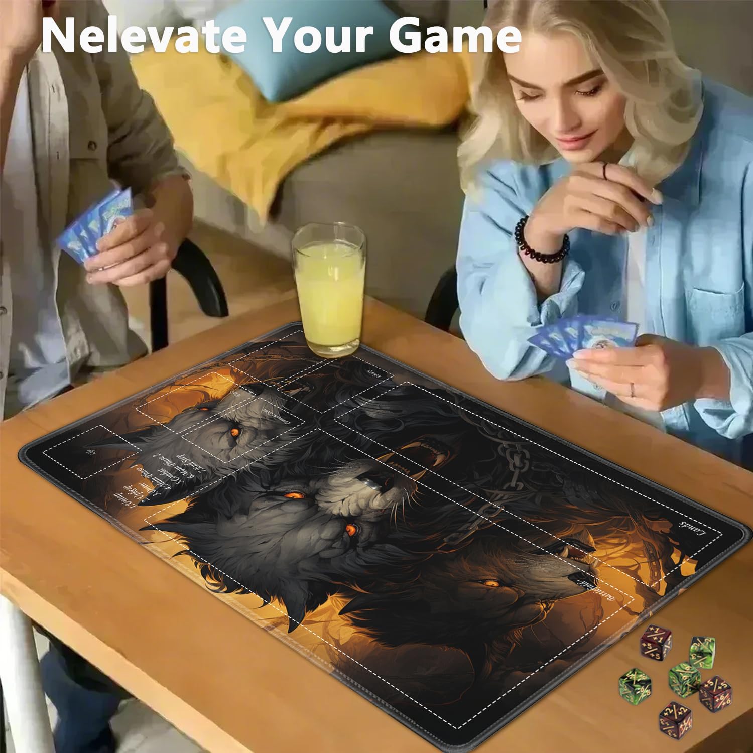 JVGFYNKL Ferocious Wolf MTG Playmat, 24x14 Inch, Non-Slip Rubber, Polyester, Large, With Zones, Includes 6 Dice, Perfect for Gaming and Home Use