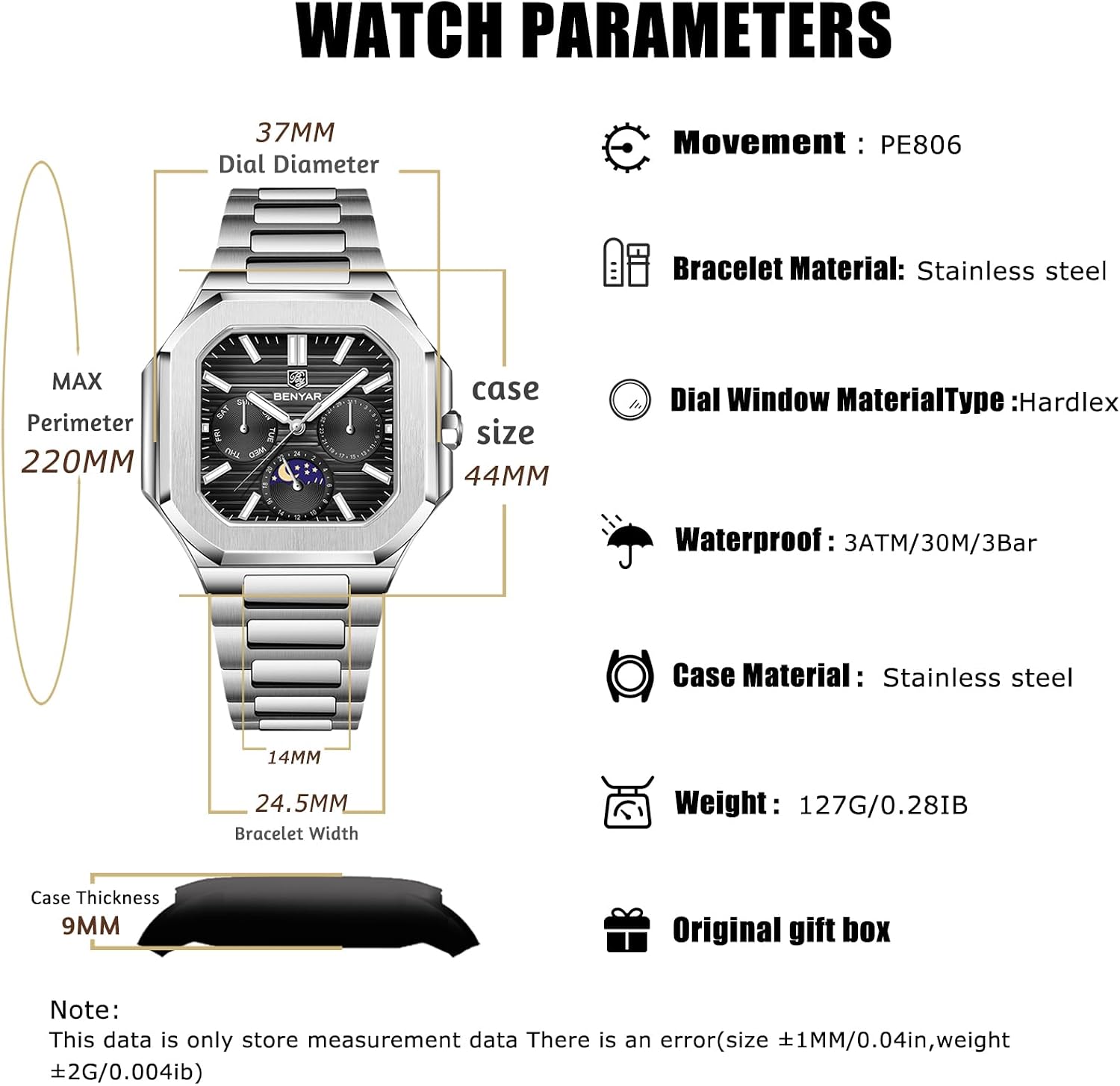 BENYAR Men's Quartz Watch, Waterproof 37mm Stainless Steel Watch for Men with Date Day Moonphase, Hardlex Crystal, Slim Casual Dress Wristwatch BY-5221
