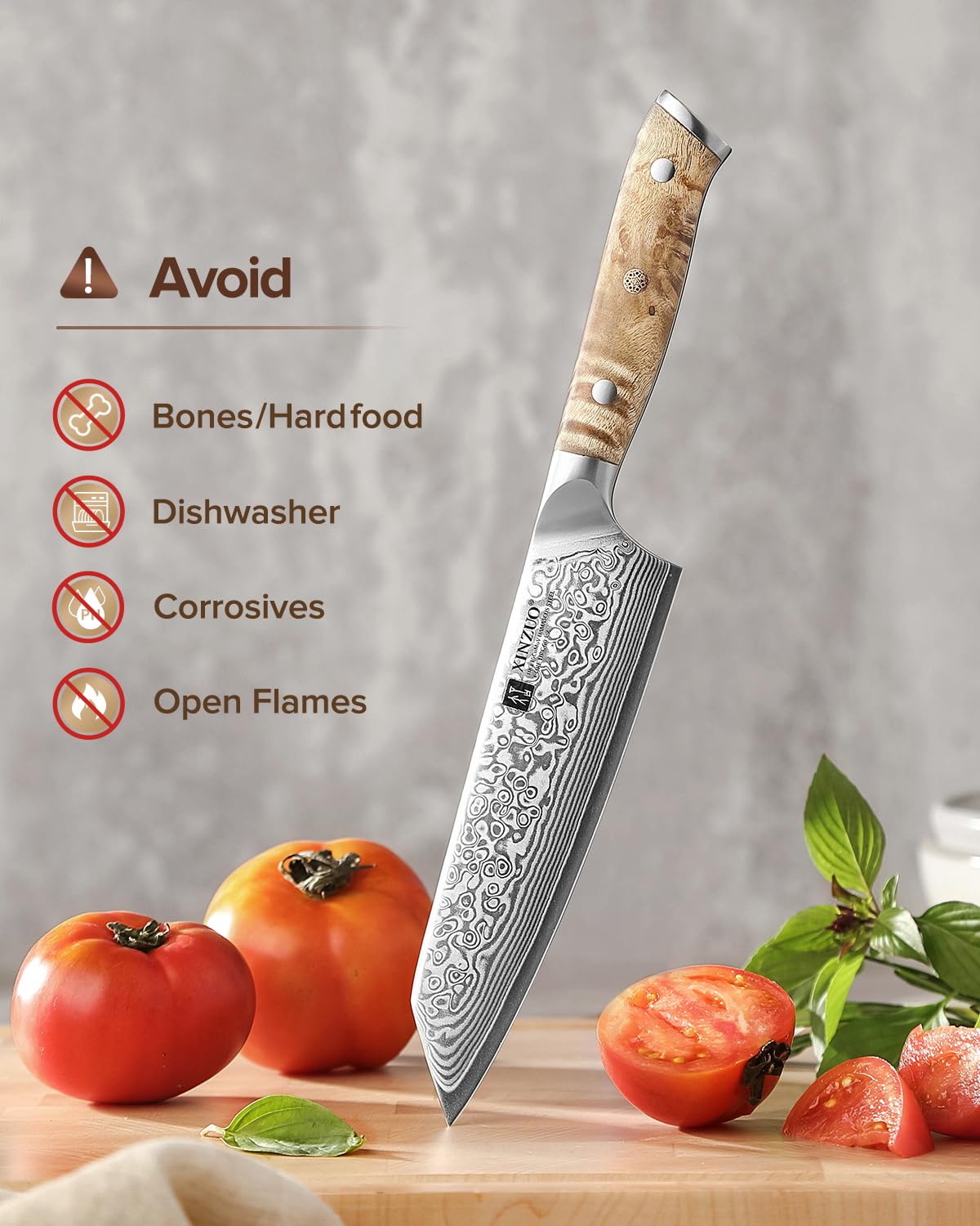XINZUO Kiritsuke Chef Knife 5.8",Sharp Forged Damascus Stainless Steel Sharp Small Kitchen Knife,For Home & Restaurant,Full Tang Figured Sycamore Wood And Mosaic Copper Rivet Handle — Amazon image 8