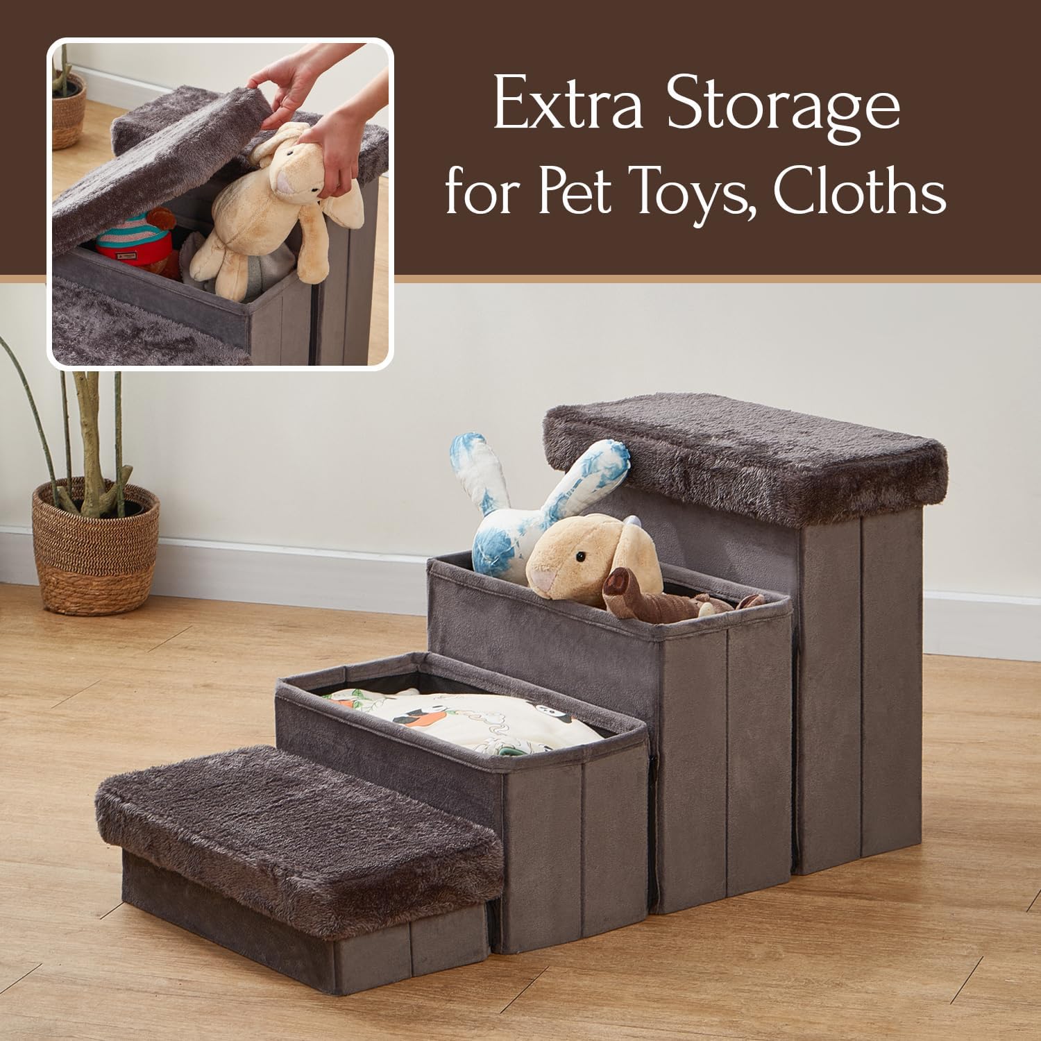 PetPals Pet Stairs for Dogs and Cats, 4 Steps with Extra Storage for Toys, Soft Velvet Cover, Wooden Frame Support Up to 100 lbs, Pet Stairs for Small or Senior Pet, Grey