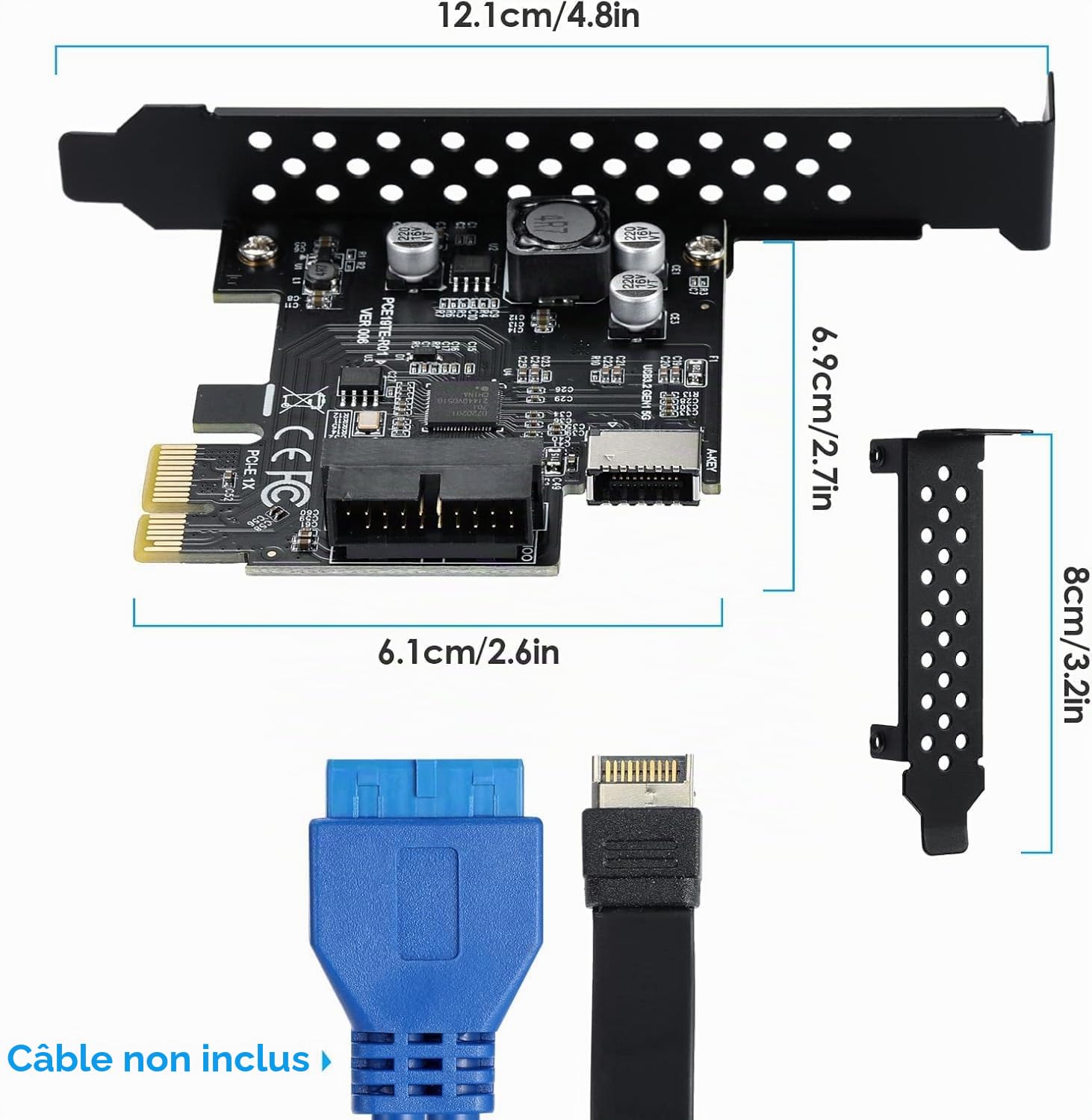 USB 3.2 GEN1 Type-e (clé A) en Face Avant (vers Type-C en Face Avant) 5 Gbps