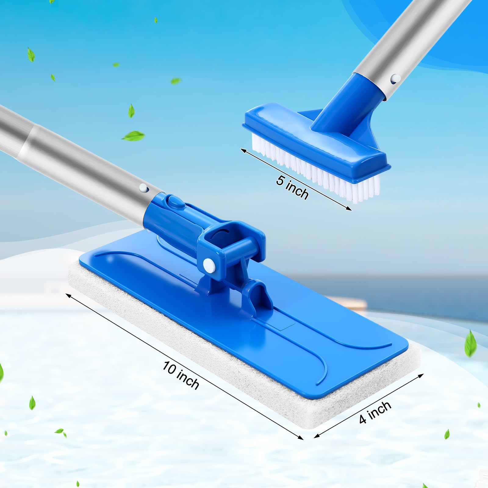 Tioncy 4-teiliges Poolbürsten-Set mit 119,4 cm langer Stange, verstellbarer 44,5 cm Pool-Bürstenkopf, Handscheuerbürste und Scheuerschwamm-Pads mit Aluminiumstange für Spa, Whirlpool, Badezimmer