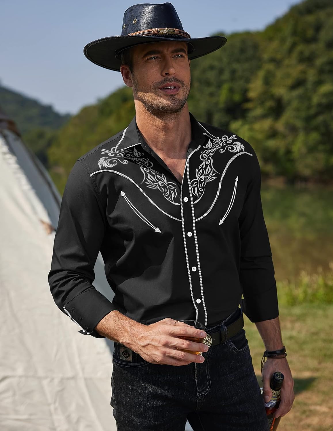 COOFANDY Men's Western Cowboy Shirt Long Sleeve Slim Fit Rose Embroidered Cotton Casual Button Down Shirts - Image 2
