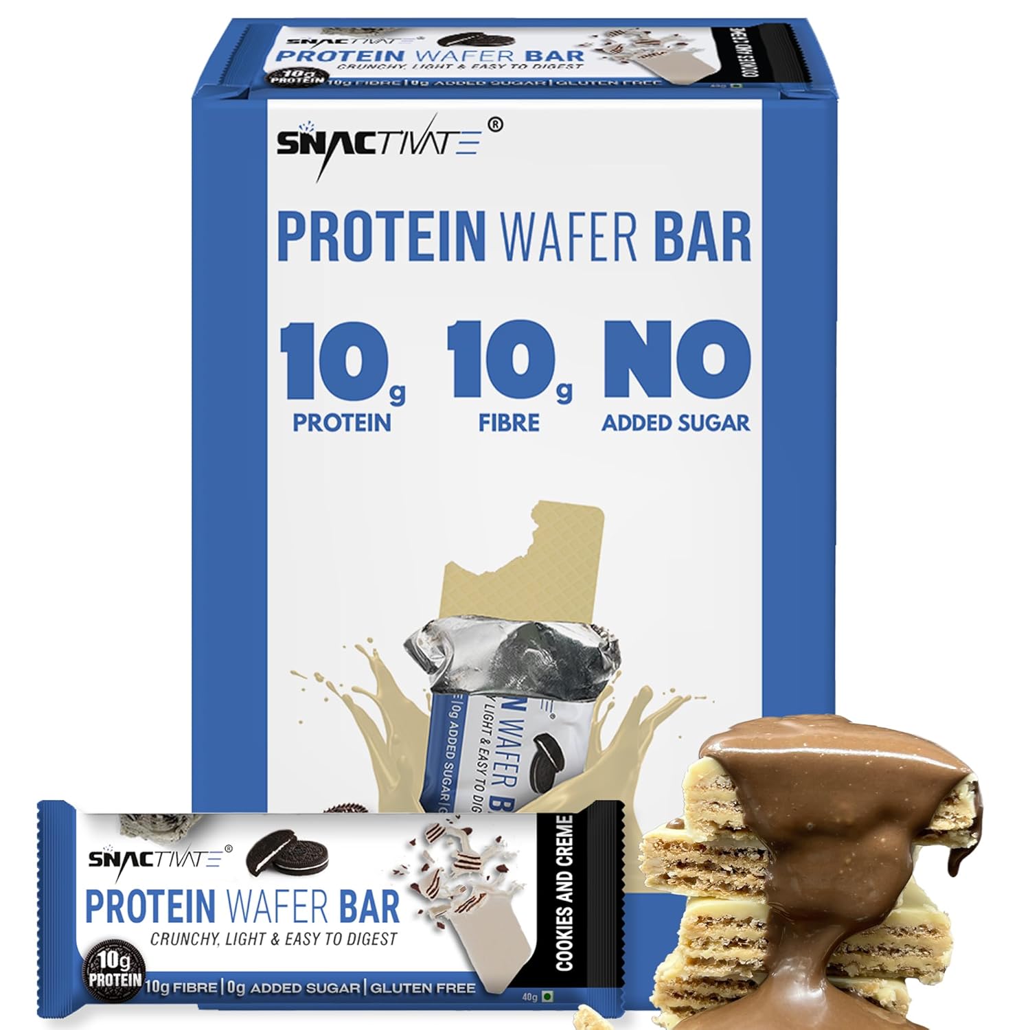 Snactivate Protein Wafer Bars Cookies & Creme With 10G Whey Protein, 10G Fiber & Sugarfree | Tasty & Crunchy Protein Bars | Keto Friendly, Healthy Energy Bars | No Preservatives| 40 Gm (Pack Of 6)