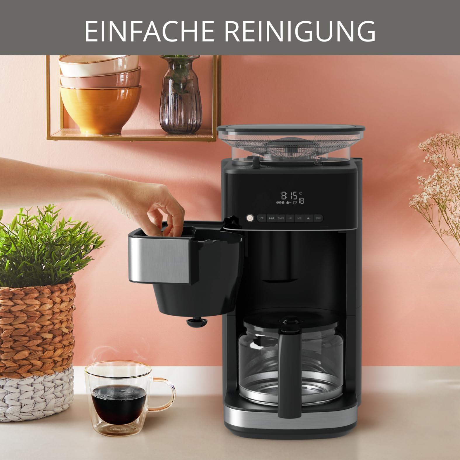 Krups KM8328 Grind Aroma Kaffeemaschine mit Mahlwerk | 24-Stunden-Timer | 180 g Bohnenbehälter | 1,25 L Fassungsvermögen für bis zu 15 Tassen Kaffee | Auto-Off-Funktion | 3 Mahlgrade | Schwarz