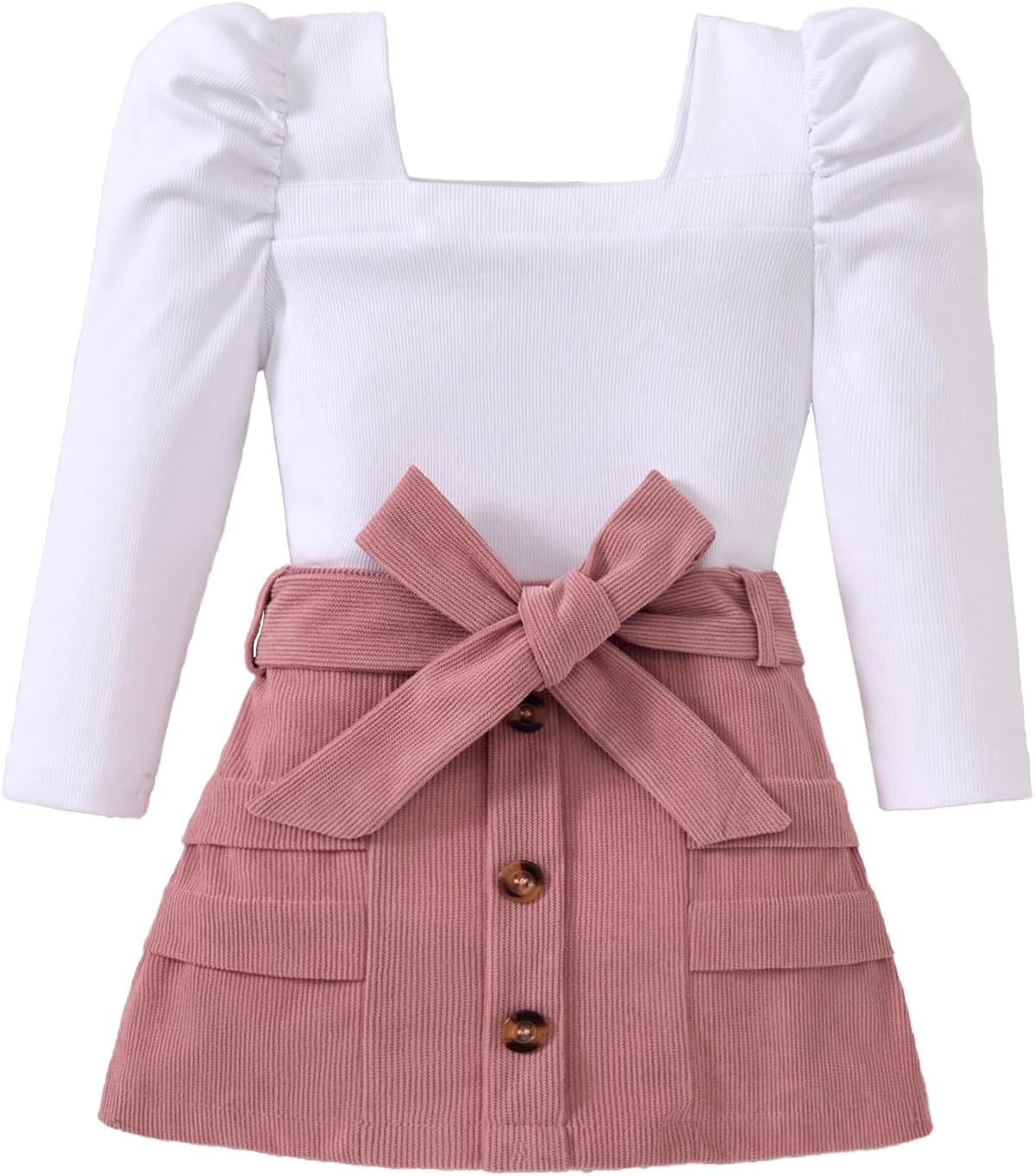 Toddler Girl Outfits Square Neck Puff Sleeve Top Skirt Set Fall Winter Clothes for Girls 2-7 Years