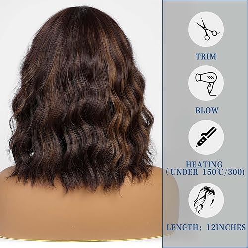 Miniatura 6 de Pelucas de cabello castaño con reflejos rubios, pelucas rizadas estilo Bob marrón y rubio, peluca Bob para mujer, pelucas cortas rizadas con